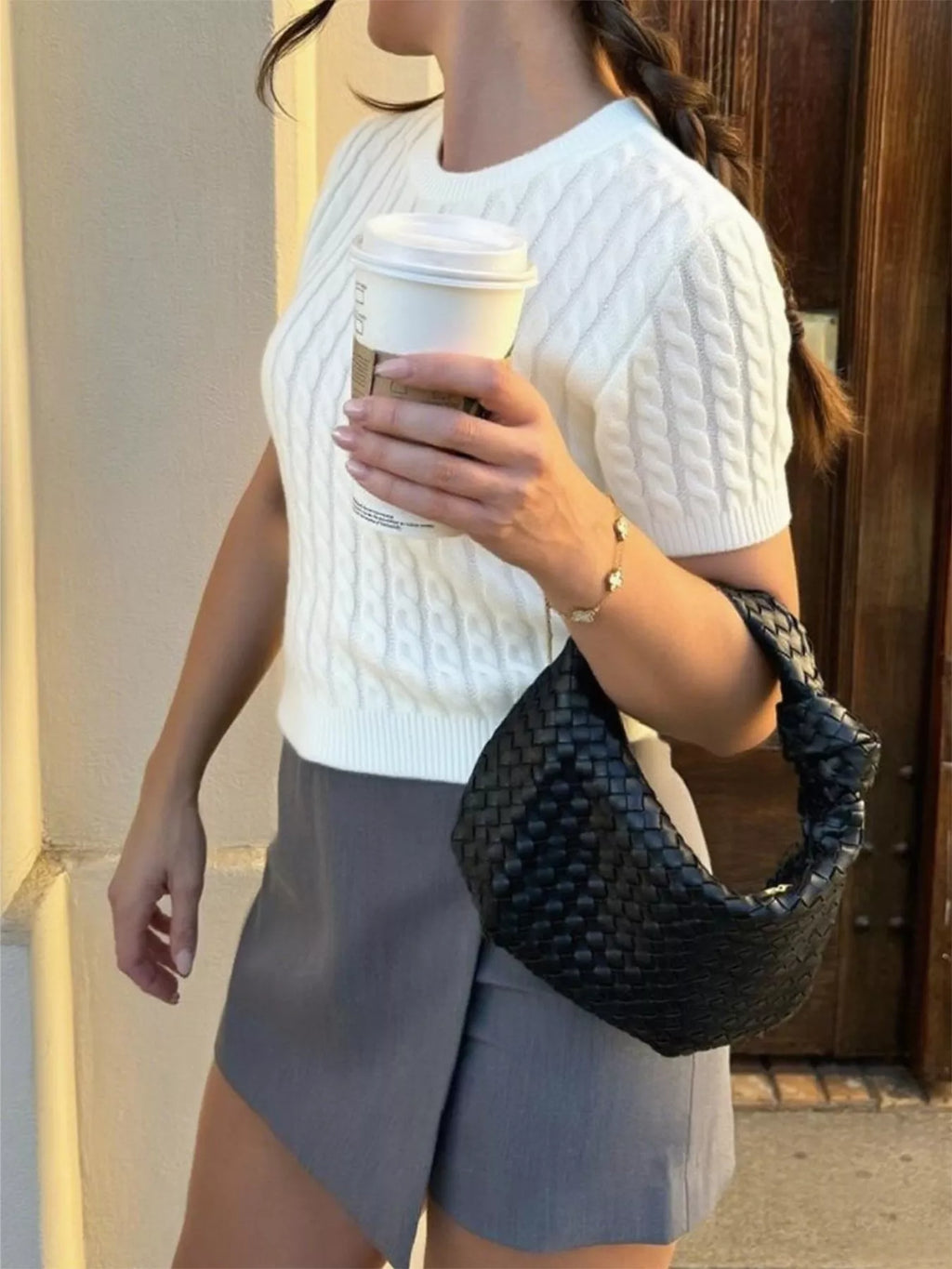 Cable-Knit Short Sleeve Sweater