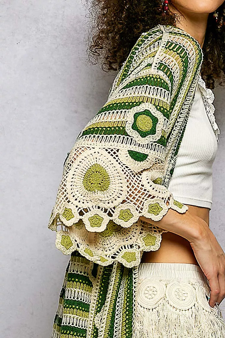 POL Striped and Floral Pattern Crochet Longline Cardigan