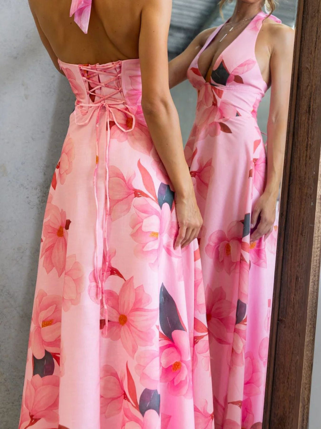 Floral Print Halter Neck Maxi Dress