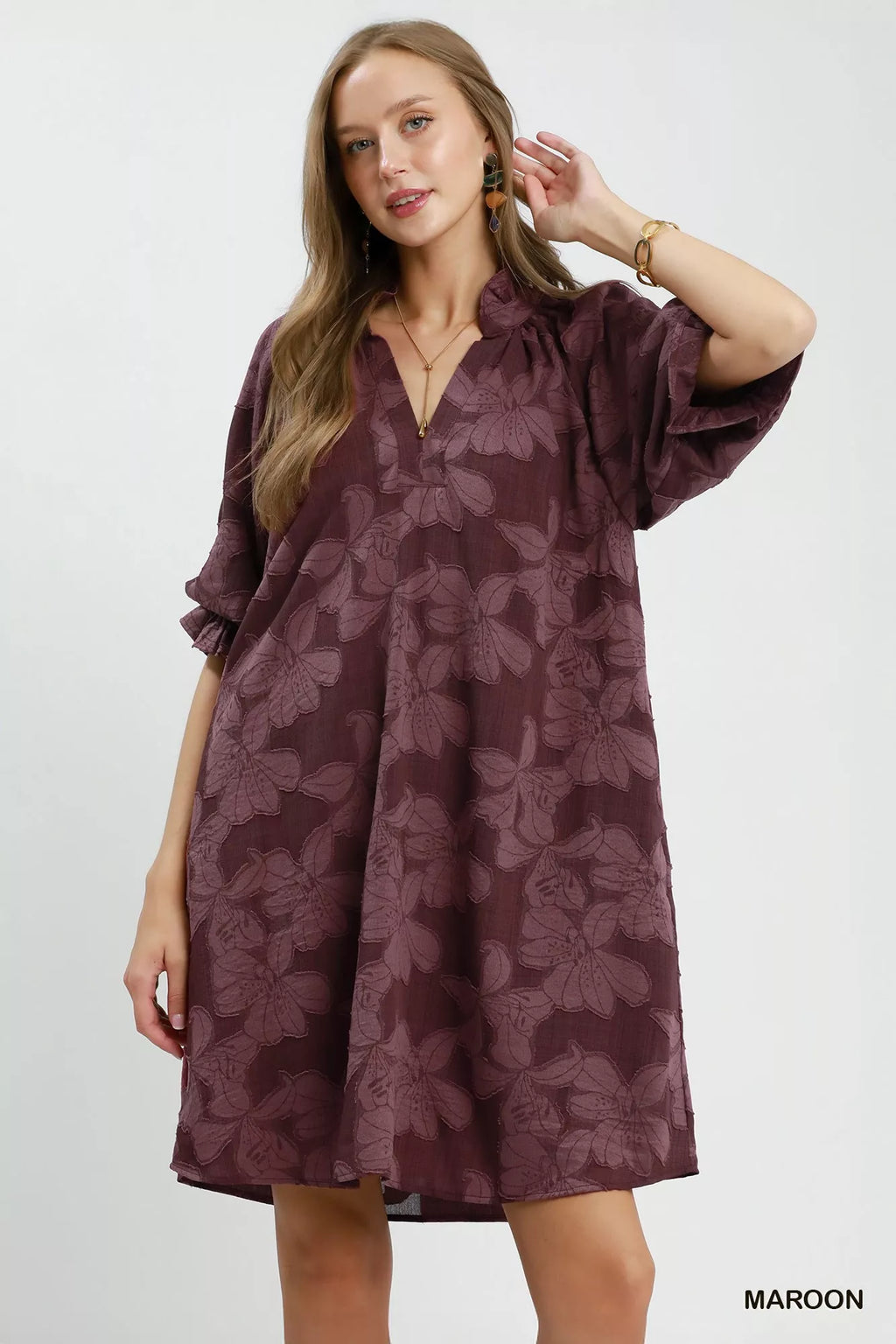 Umgee Floral Textured Jacqaurd V-Neck Dress