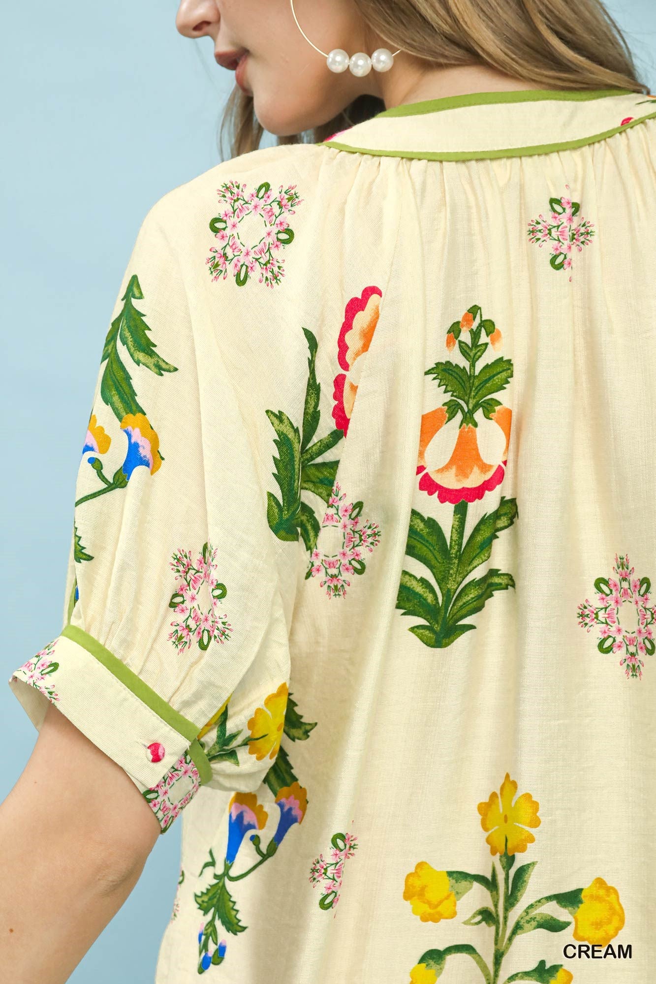 Umgee Botanical Print Contrast Trim Button Blouse