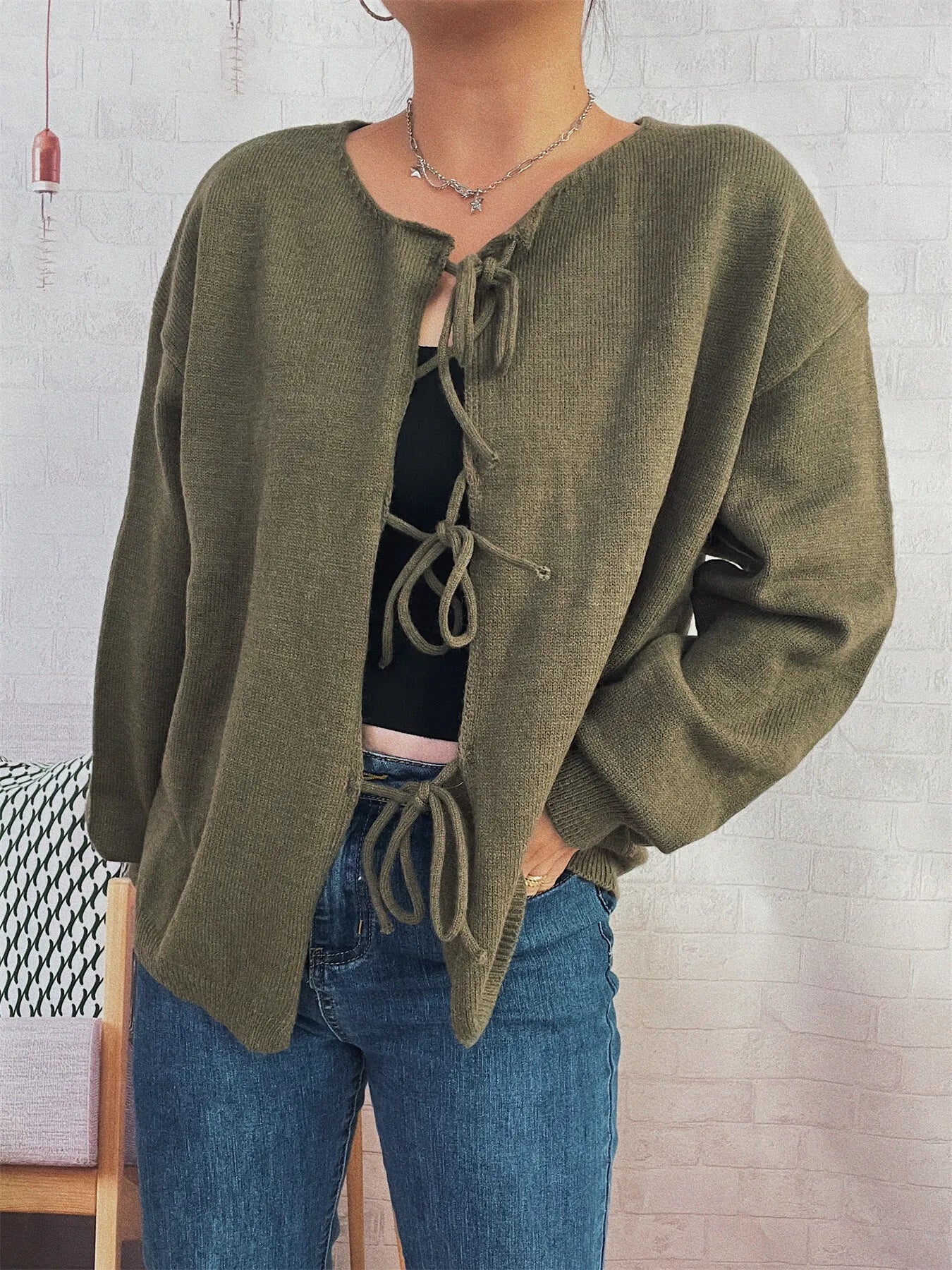 Tie Front Drop Shoulder Cardigan