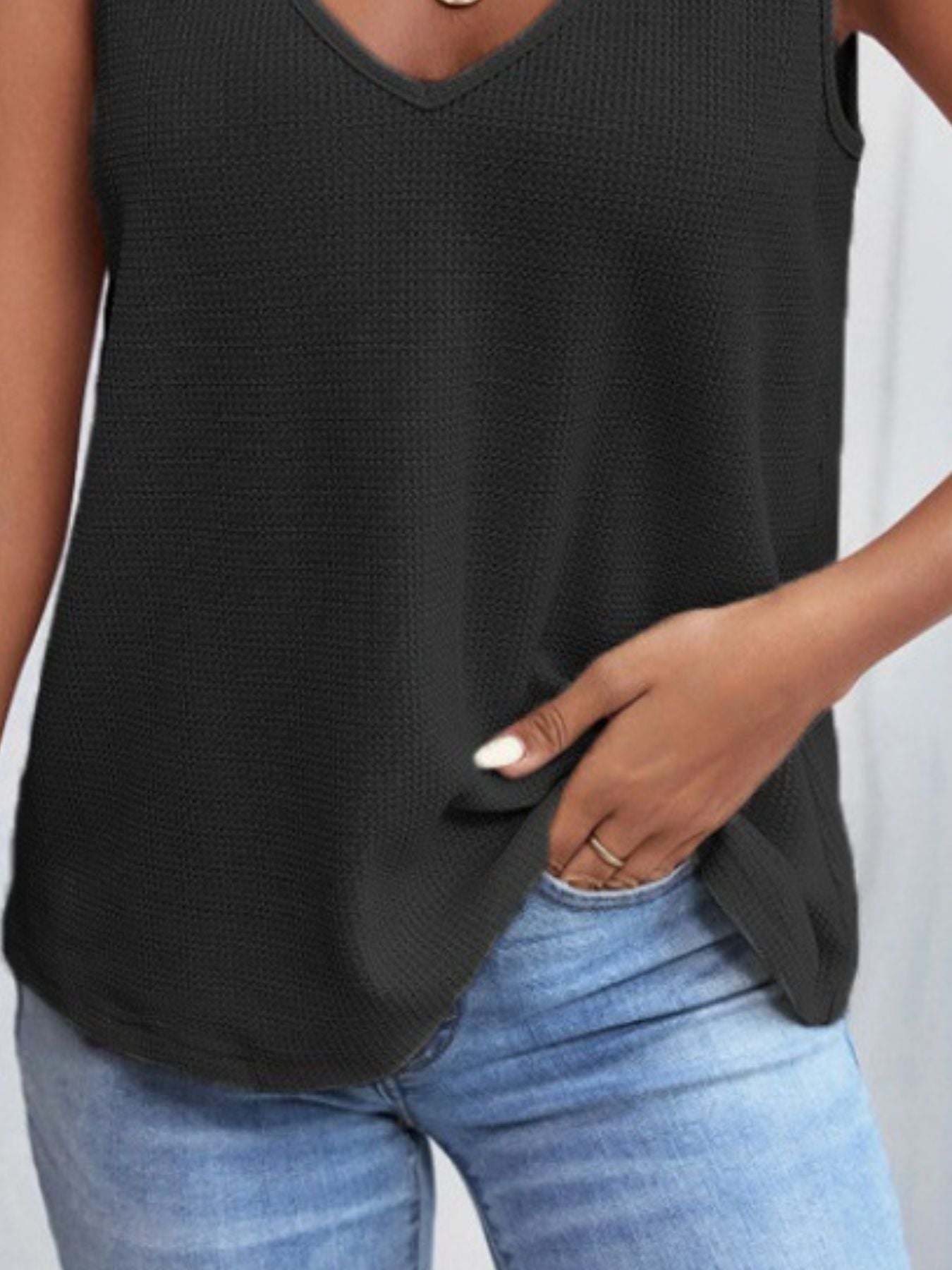 Full Size Lace Trim V-Neck Waffle Knit Tank Plus Size