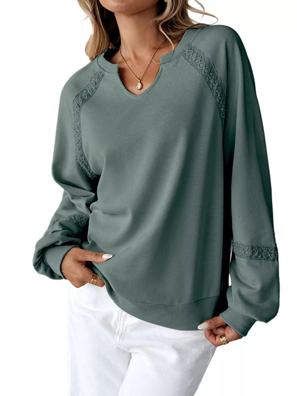 Notched Raglan Sleeve Sweatshirt
