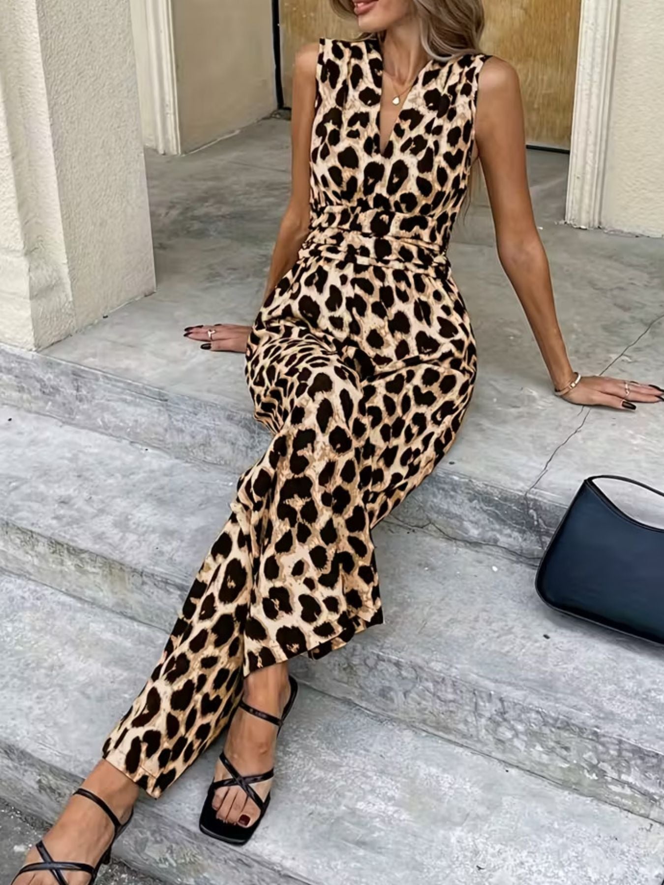 Sleeveless V-Neck Leopard Print Wide Leg Jumpsuit
