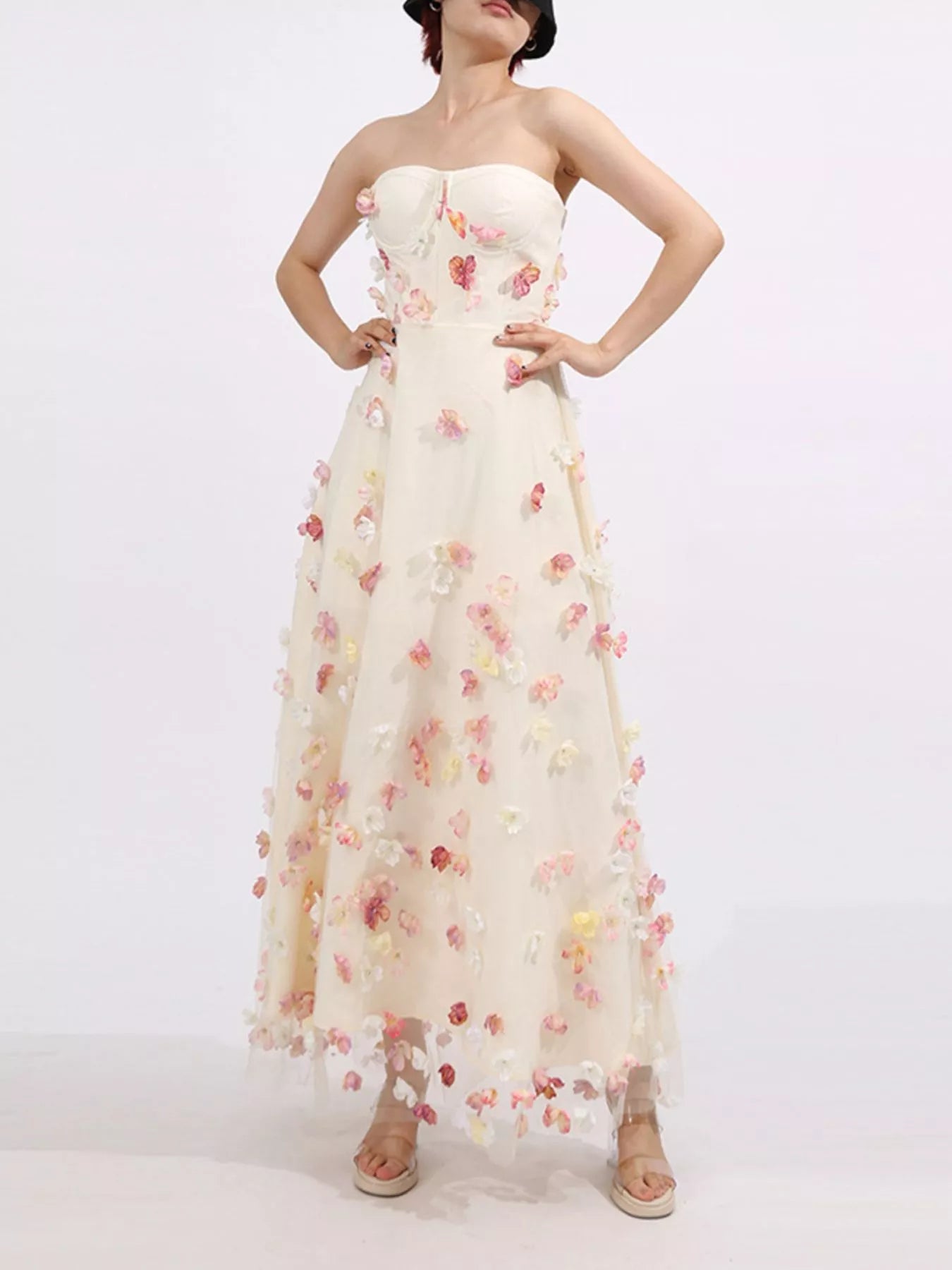 Floral Applique Strapless Tulle Maxi Dress