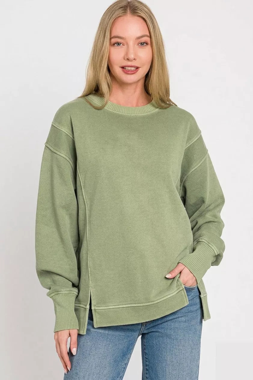 Zenana Pigment Dye Exposed-seam Fleece Sweatshirt