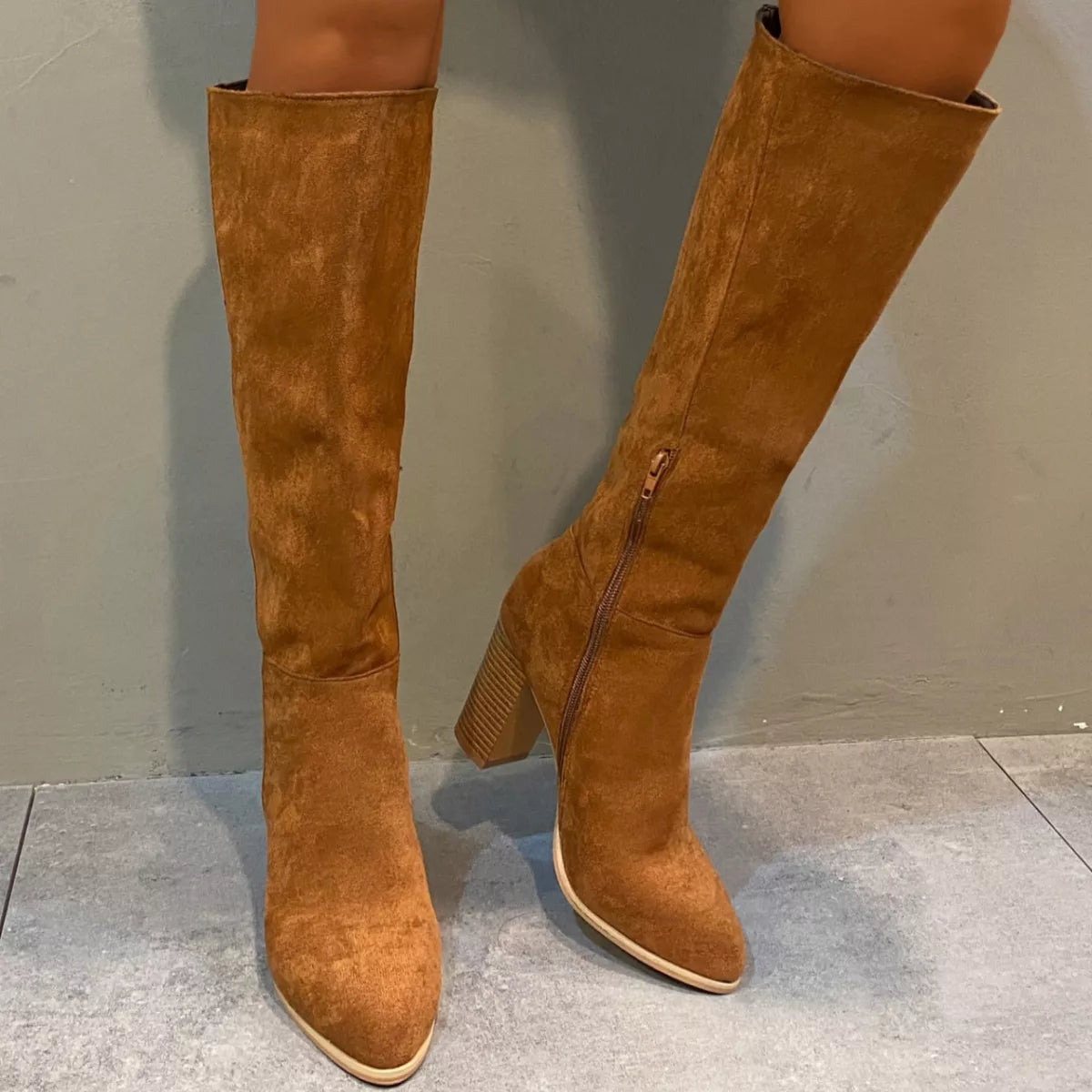 Point Toe Knee-High Suede Block Heel Boots