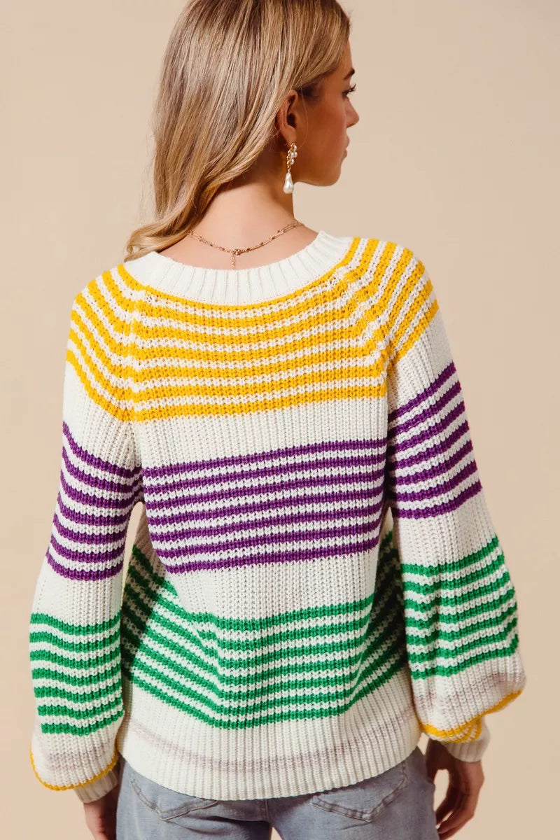 SO ME Mardi Gras Color Striped Raglan Sweater Top