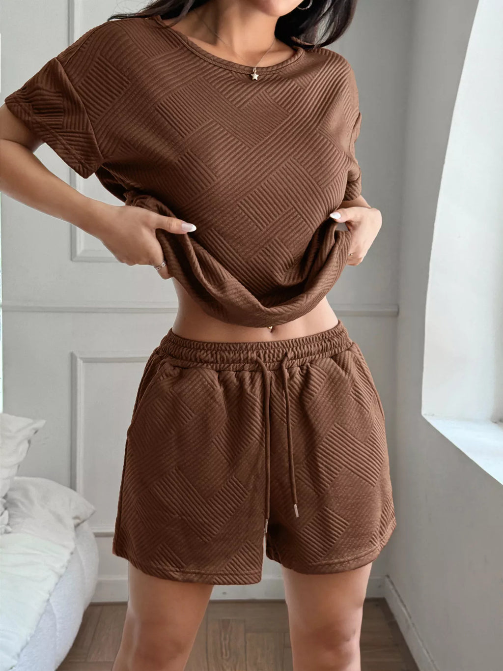 Textured Knit Round Neck Top and Shorts Set