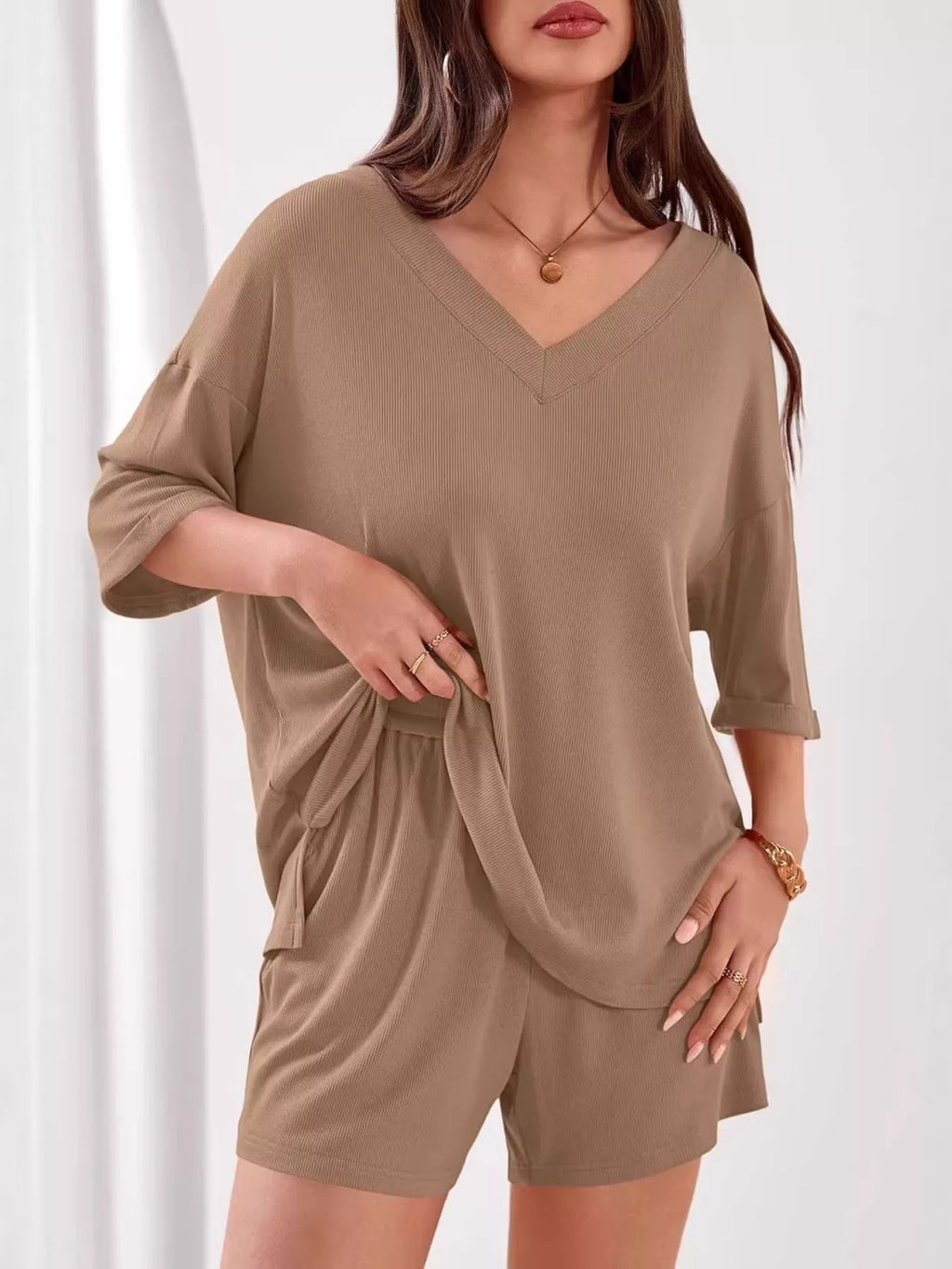 Casual Solid Color V-Neck Top & Shorts Set