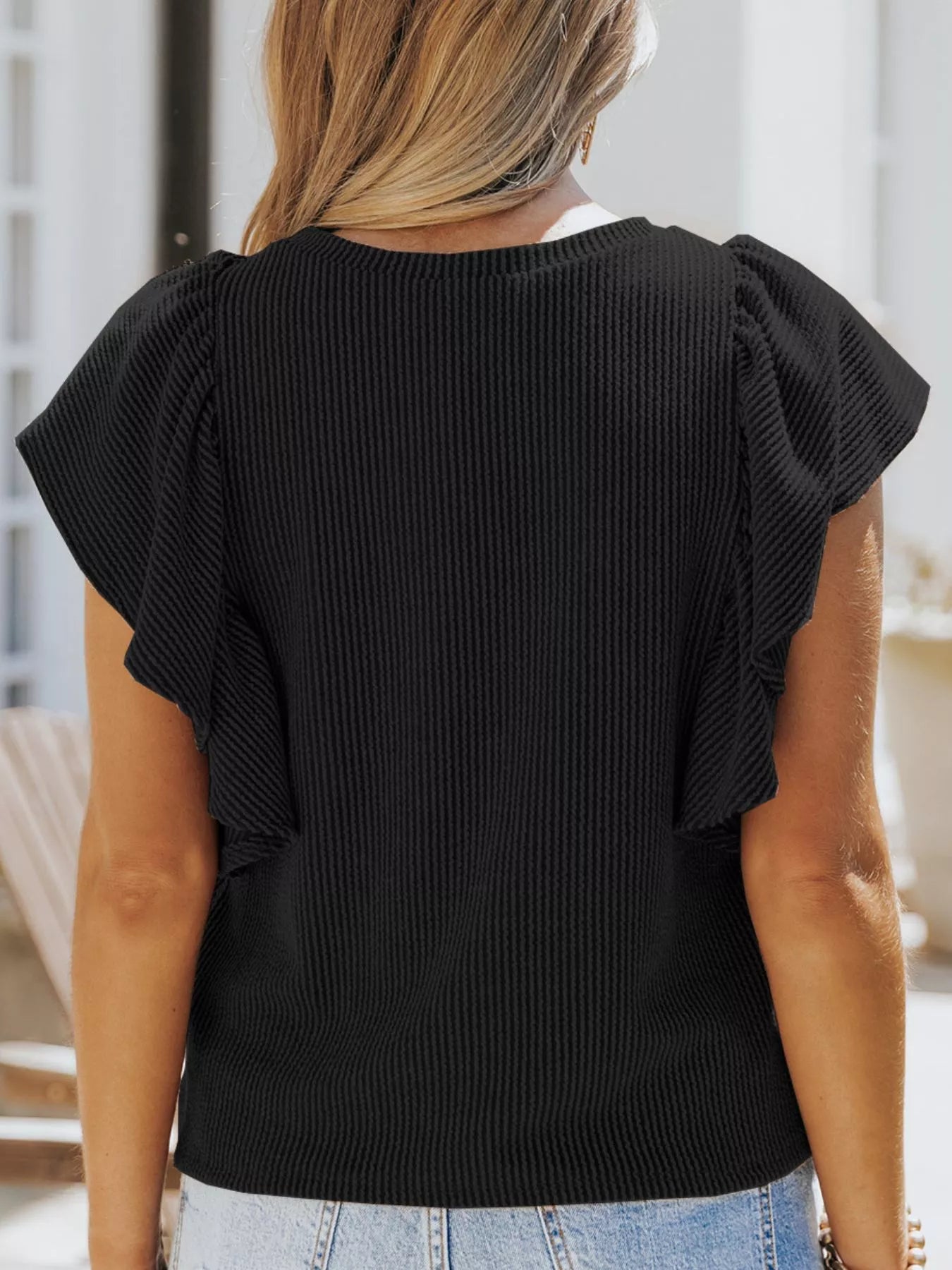 Full Size Ruffled Sleeve Ribbed Knit T-Shirt Plus Size