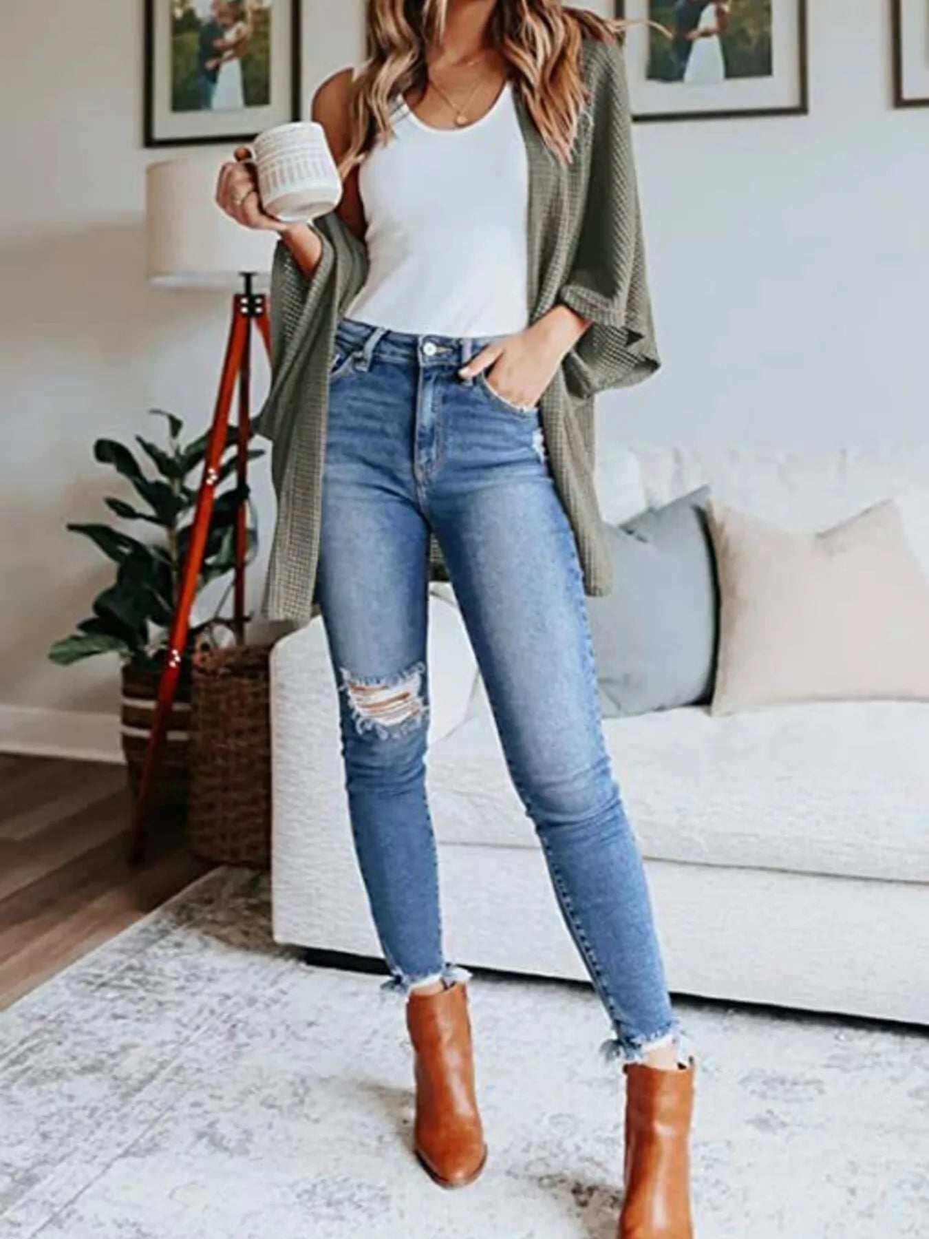 Full Size Open Front Waffle Knit Cardigan Plus Size