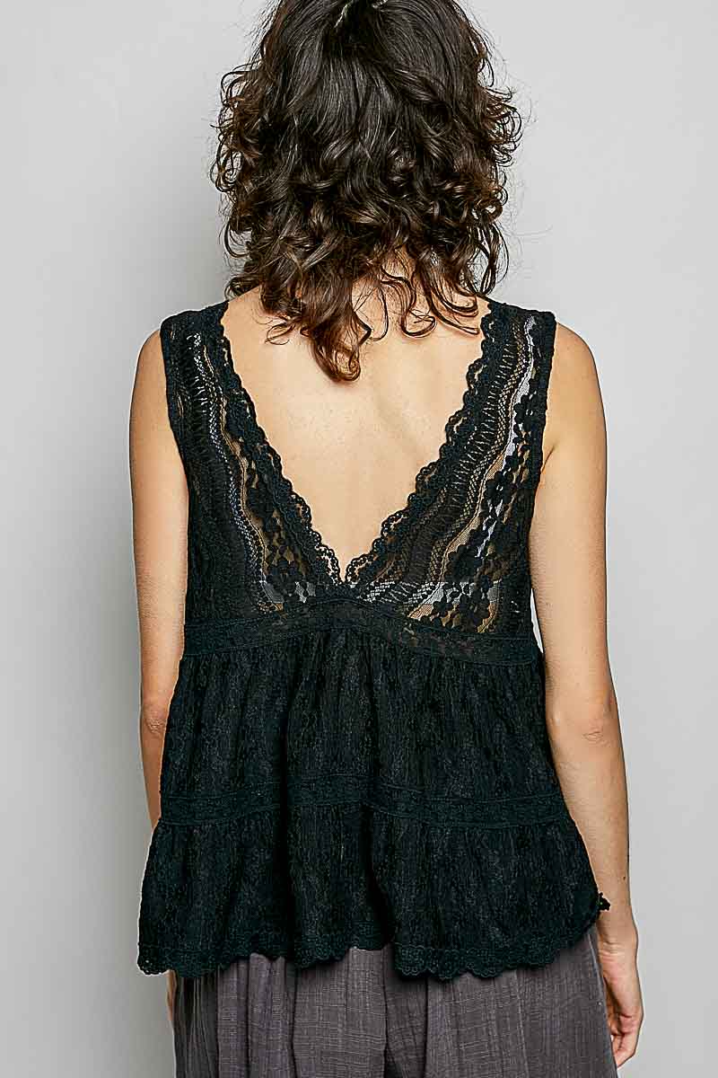 POL Deep V-Neck Scalloped Lace Sleeveless Top