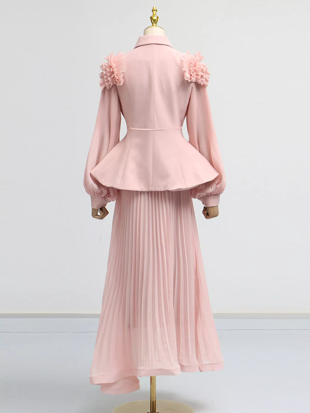 Frill Lapel Collar Top and Pleated Skirt Set