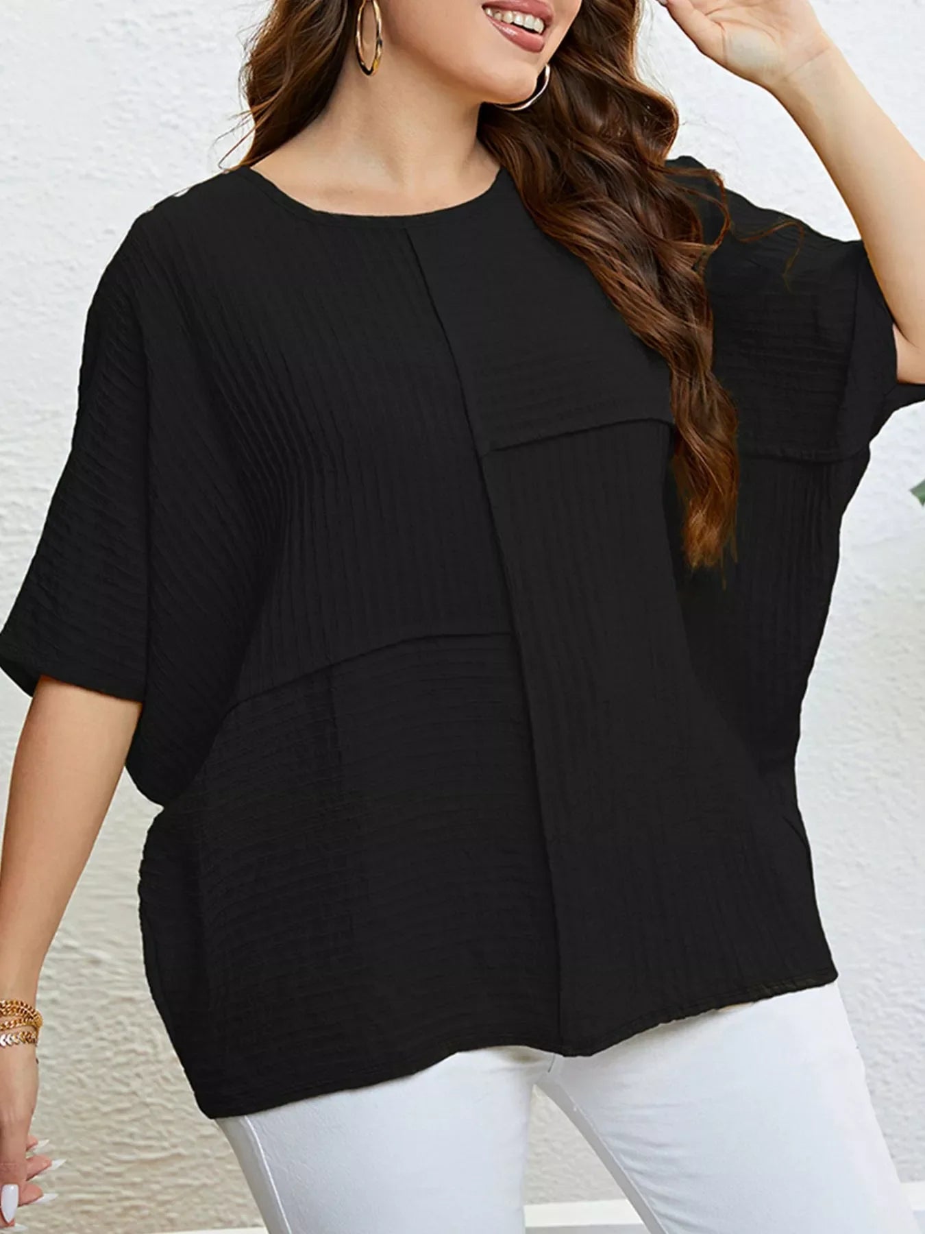 Plus Size Relaxed Fit Textured Half Sleeve T-Shirt