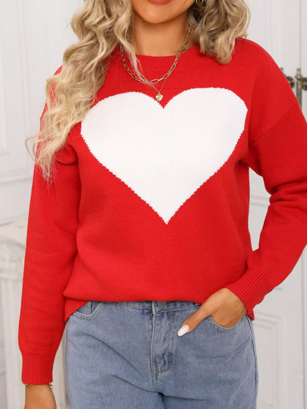 Valentine's Day Heart Round Neck Dropped Shoulder Sweater