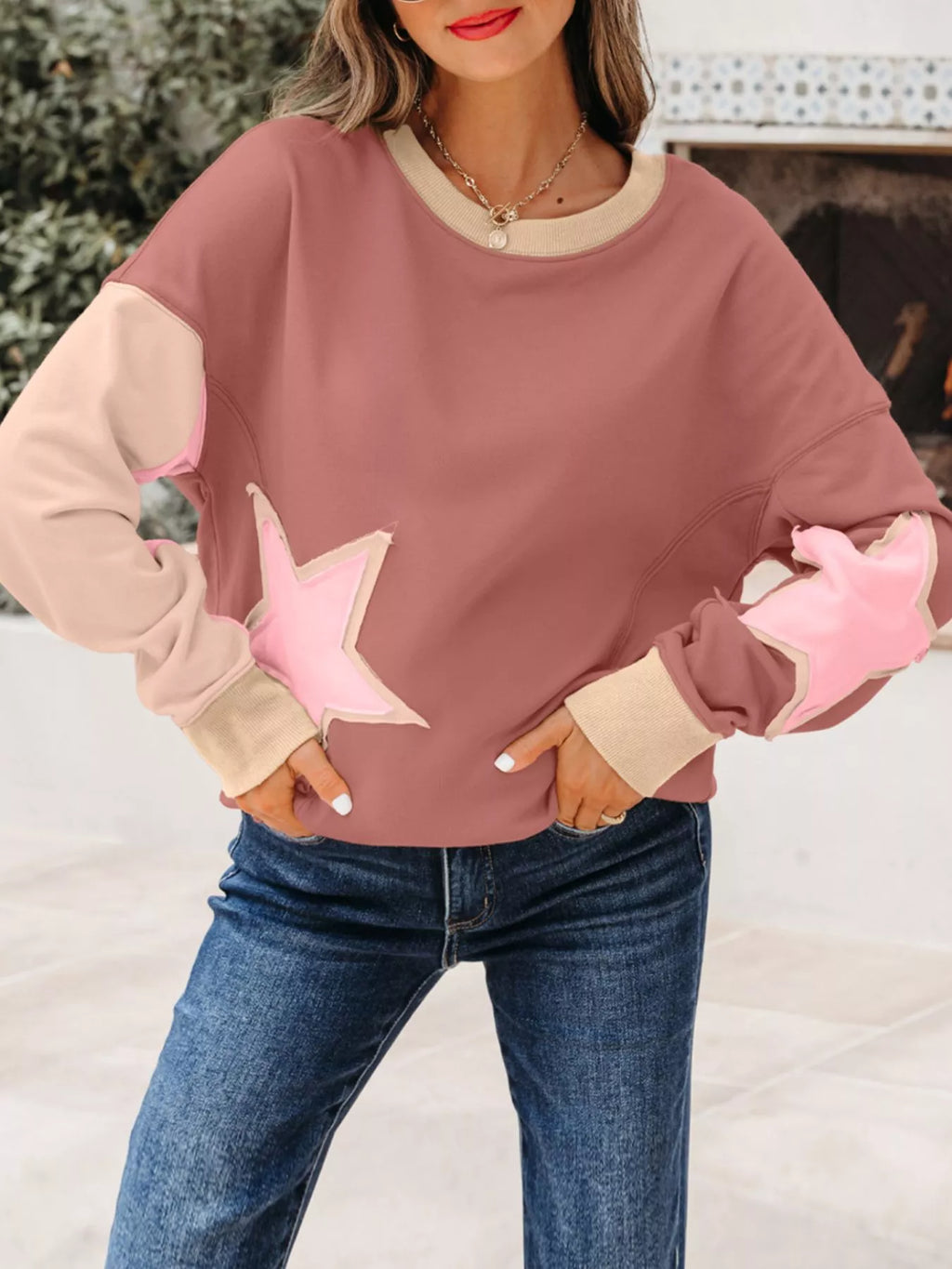 Contrast Star Patchwork Exposed Seam Uneven Hem Drop Shoulder Sweatshirt