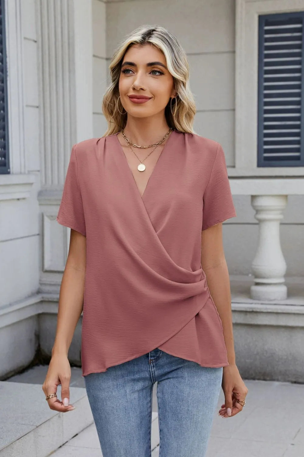 Solid Color Surplice Short Sleeve Blouse