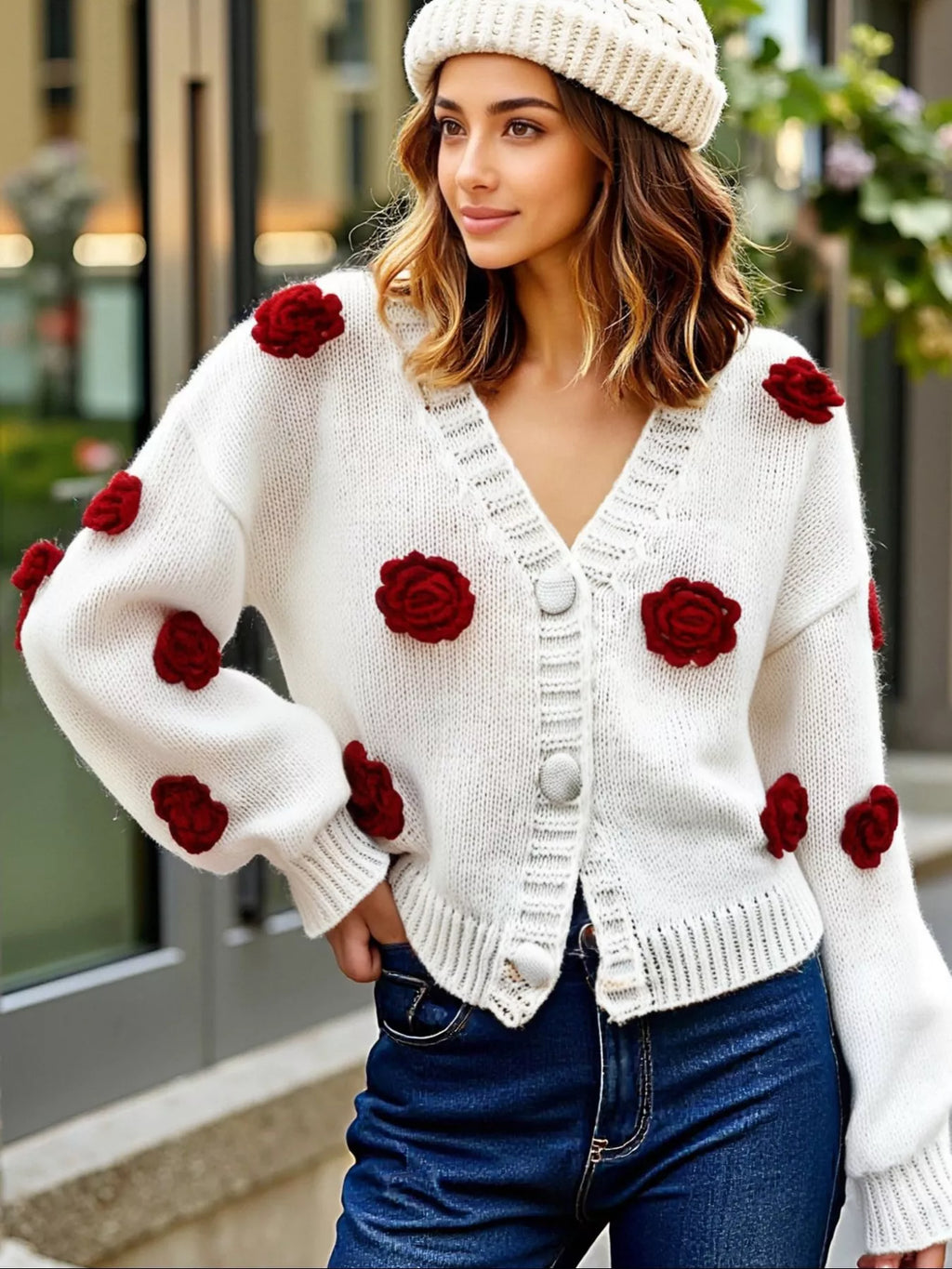 Rose Embellished V-Neck Cardigan