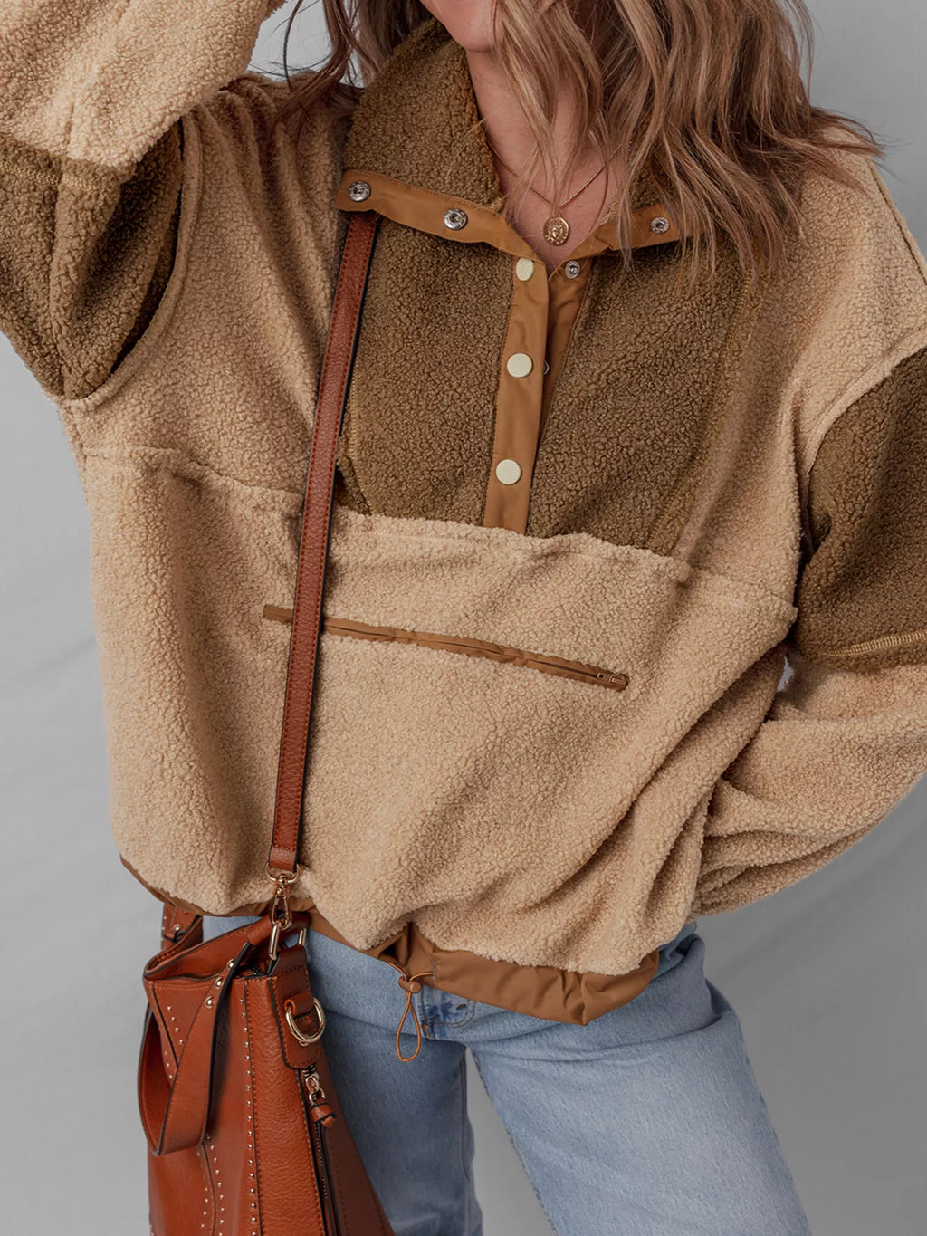 Color Block Patchwork Half Button Sherpa Sweatshirt