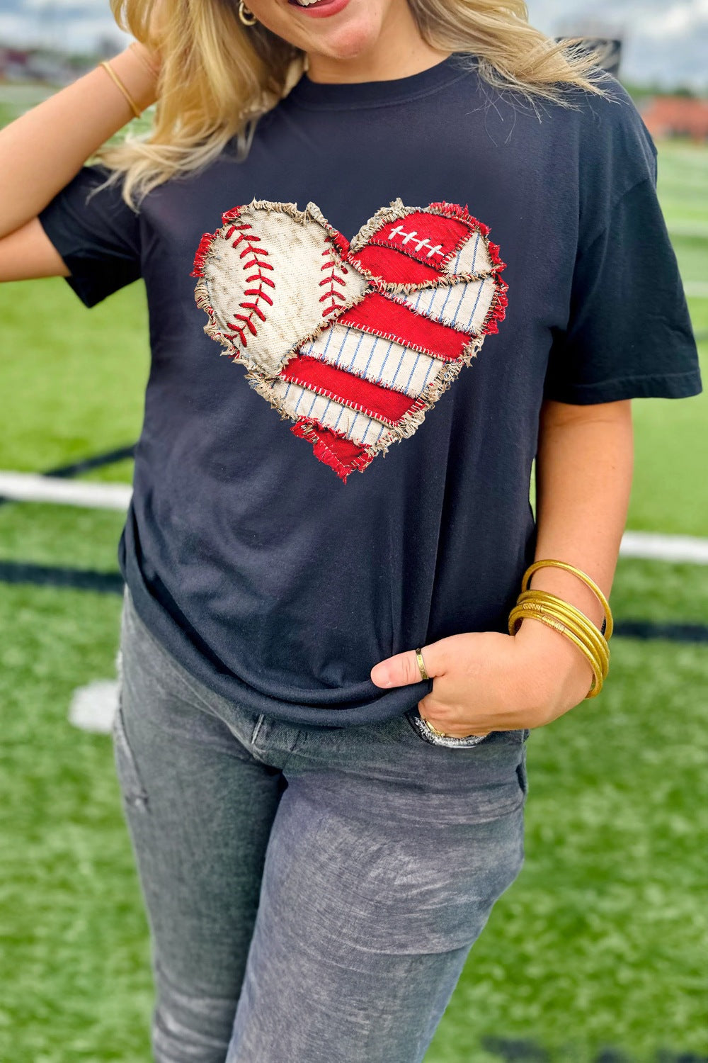 Baseball Distressed Heart Short Sleeve T Shirt
