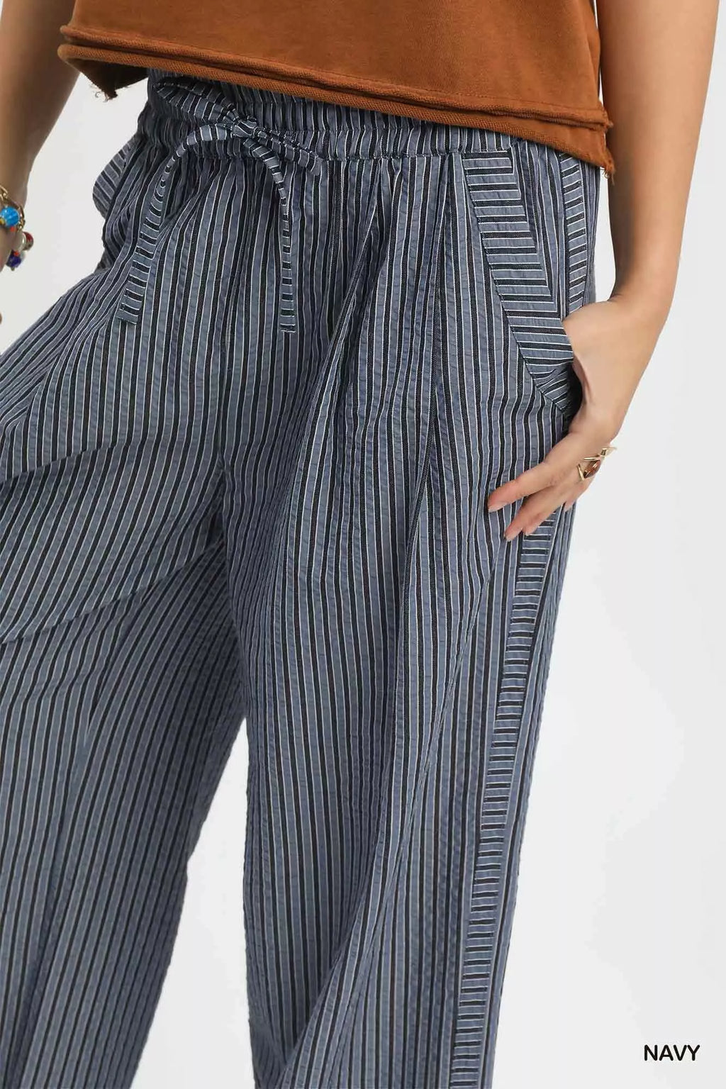 Umgee Drawstring Striped Wide-Leg Pants