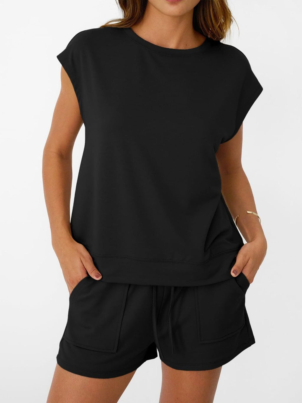 Round Neck Cap Sleeve Top and Shorts Set