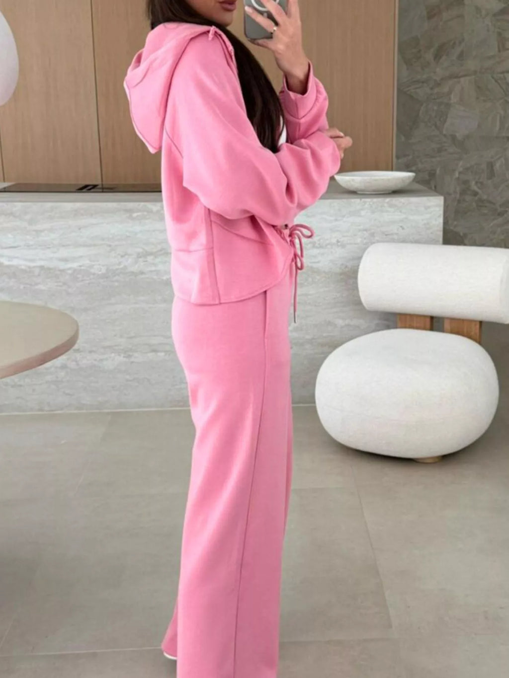 Solid Color Zip Up Hoodie Drawstring Loose Pants Set