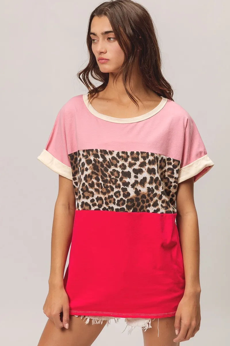 BiBi Leopard Printed Jersey  Color Block Roll Up