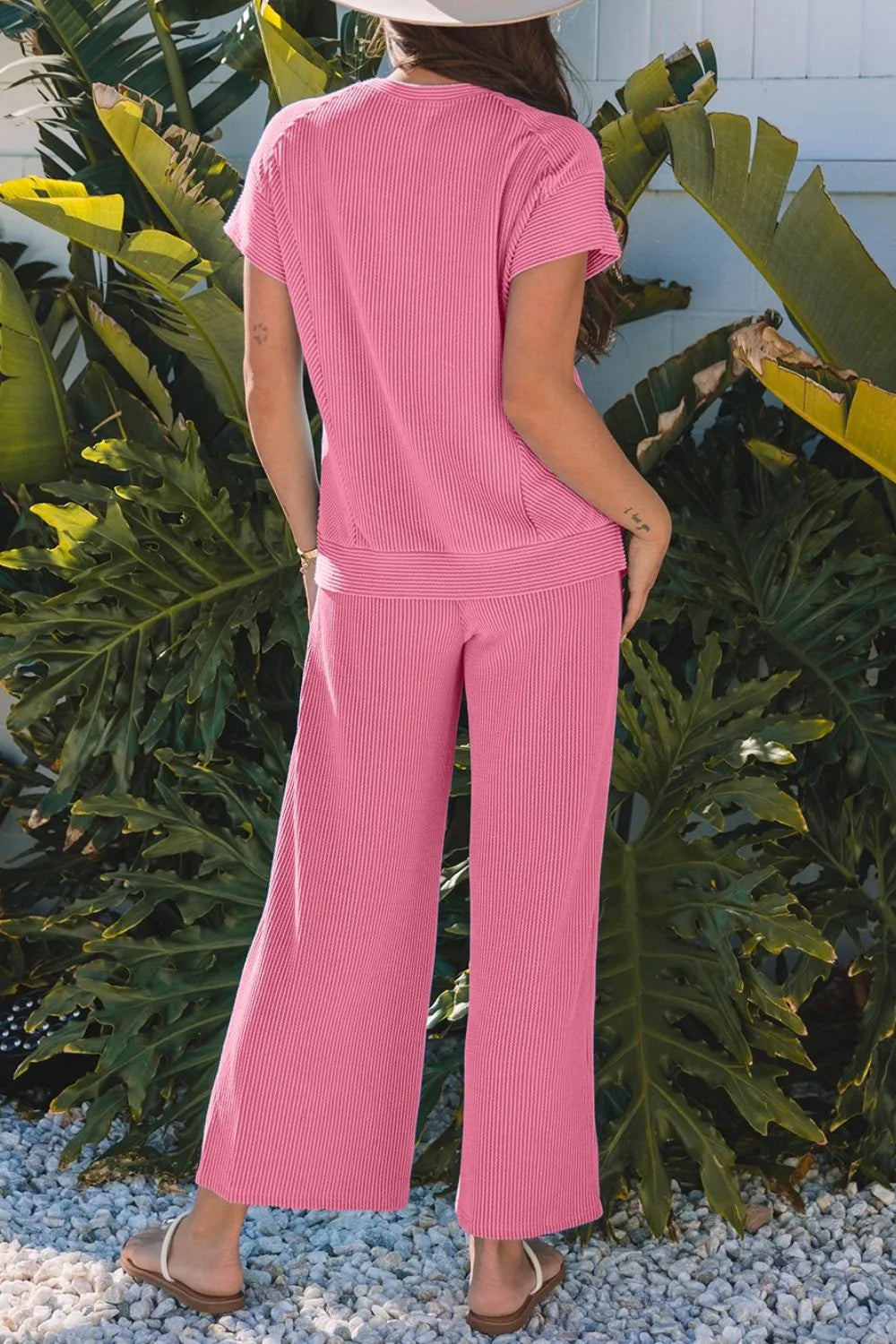 Corded Knit Short Sleeve T-Shirt and Wide Leg Pants Set