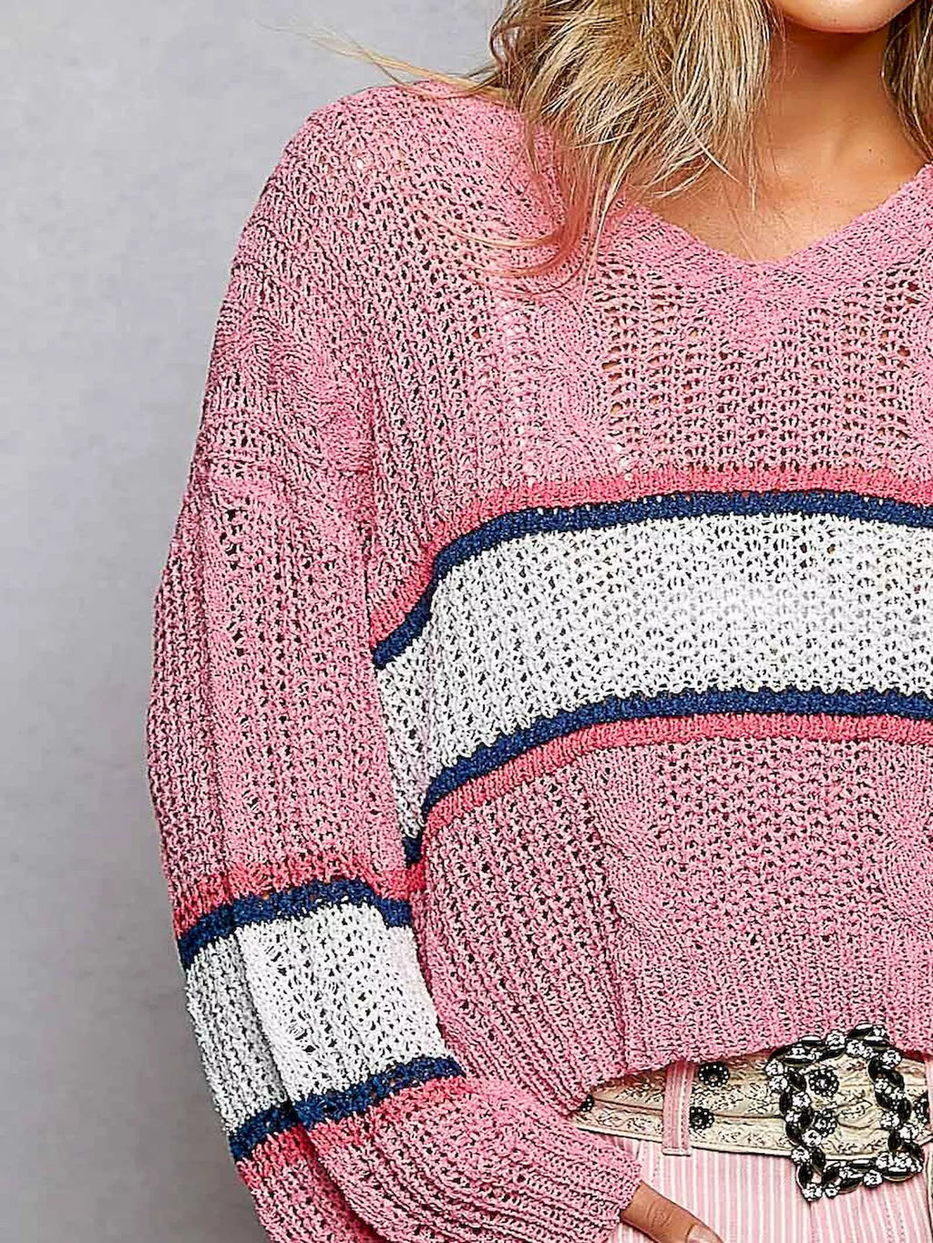 POL V-Neck Striped Pattern Cropped Knit Top with Cable Knit Detail