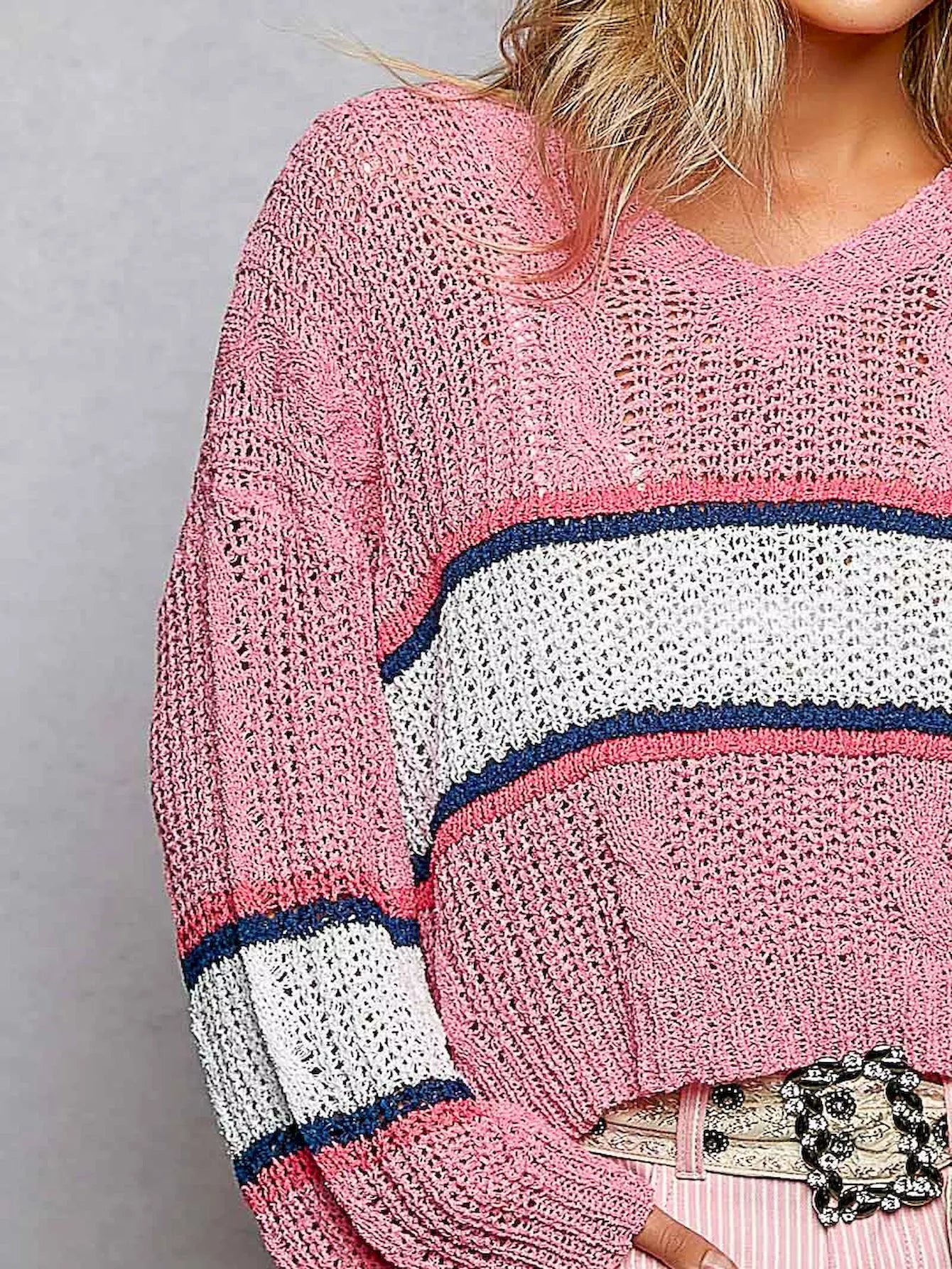 POL V-Neck Striped Pattern Cropped Knit Top with Cable Knit Detail