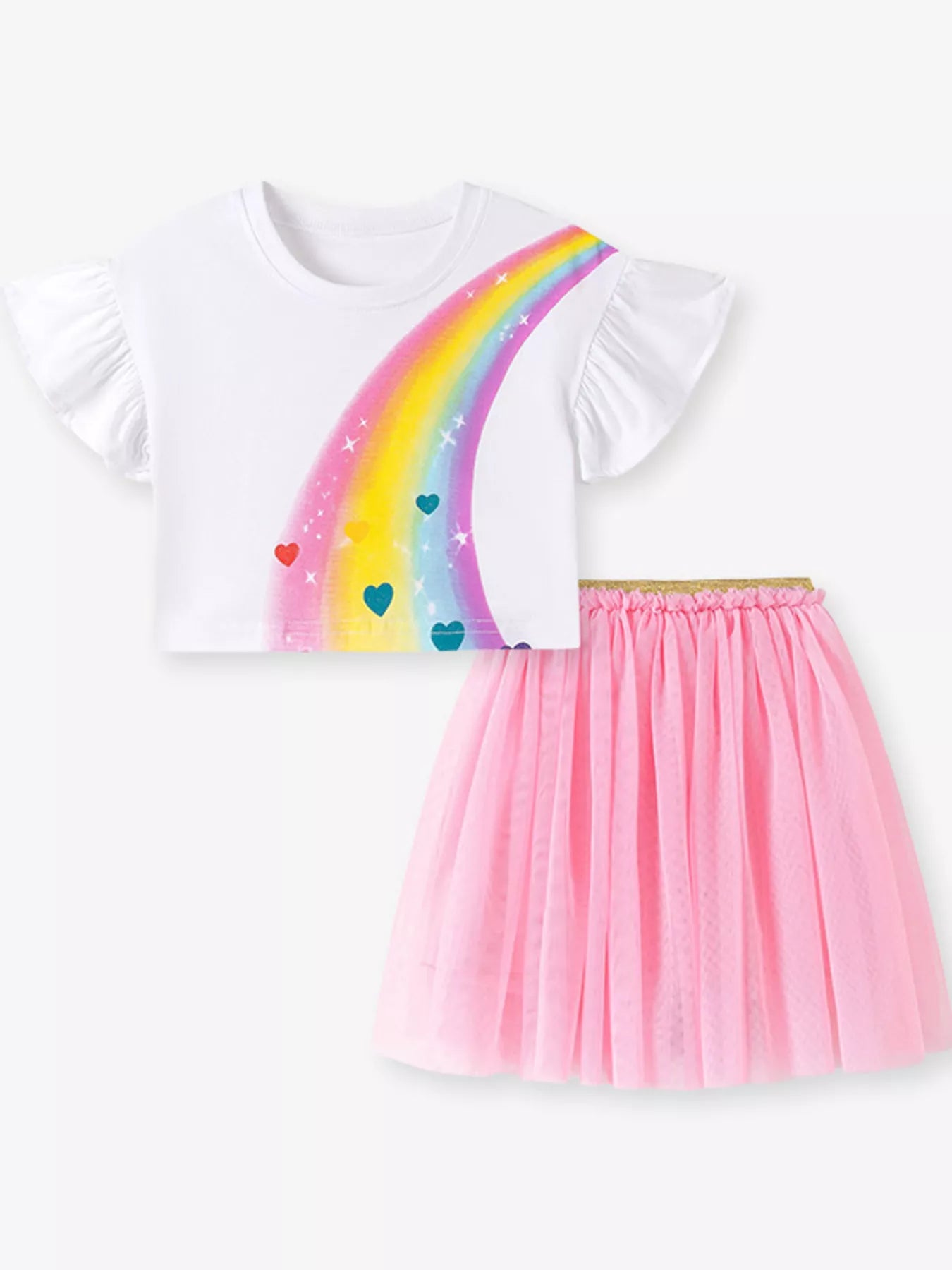 Children's Rainbow Ruffle Sleeve Top and Tulle Skirt Set