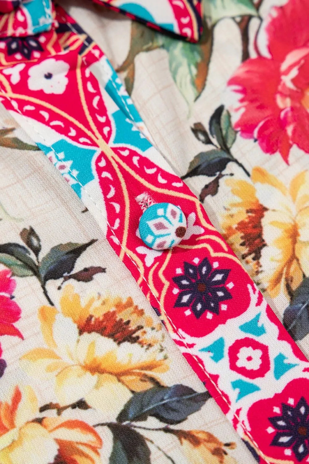 Floral Mixed Pattern Ruffle Flutter Sleeve Buttoned Dress