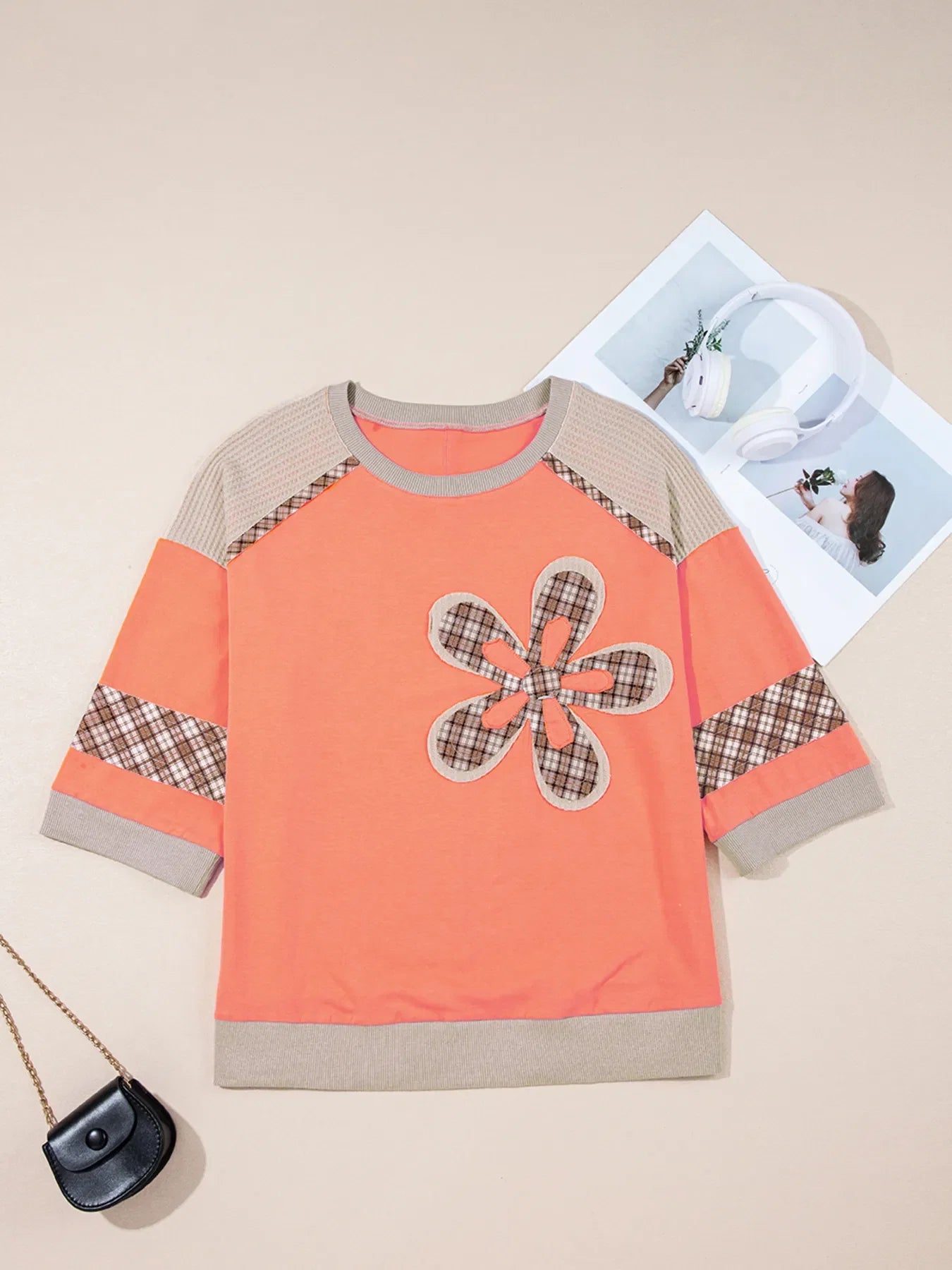 Plaid Waffle Flower Patchwork Contrast Top