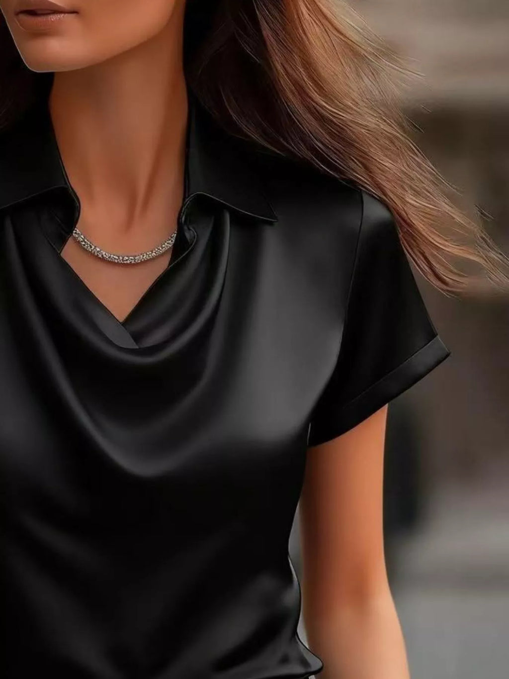 Full Size Cowl Neck Short Sleeve Satin Blouse Plus Size