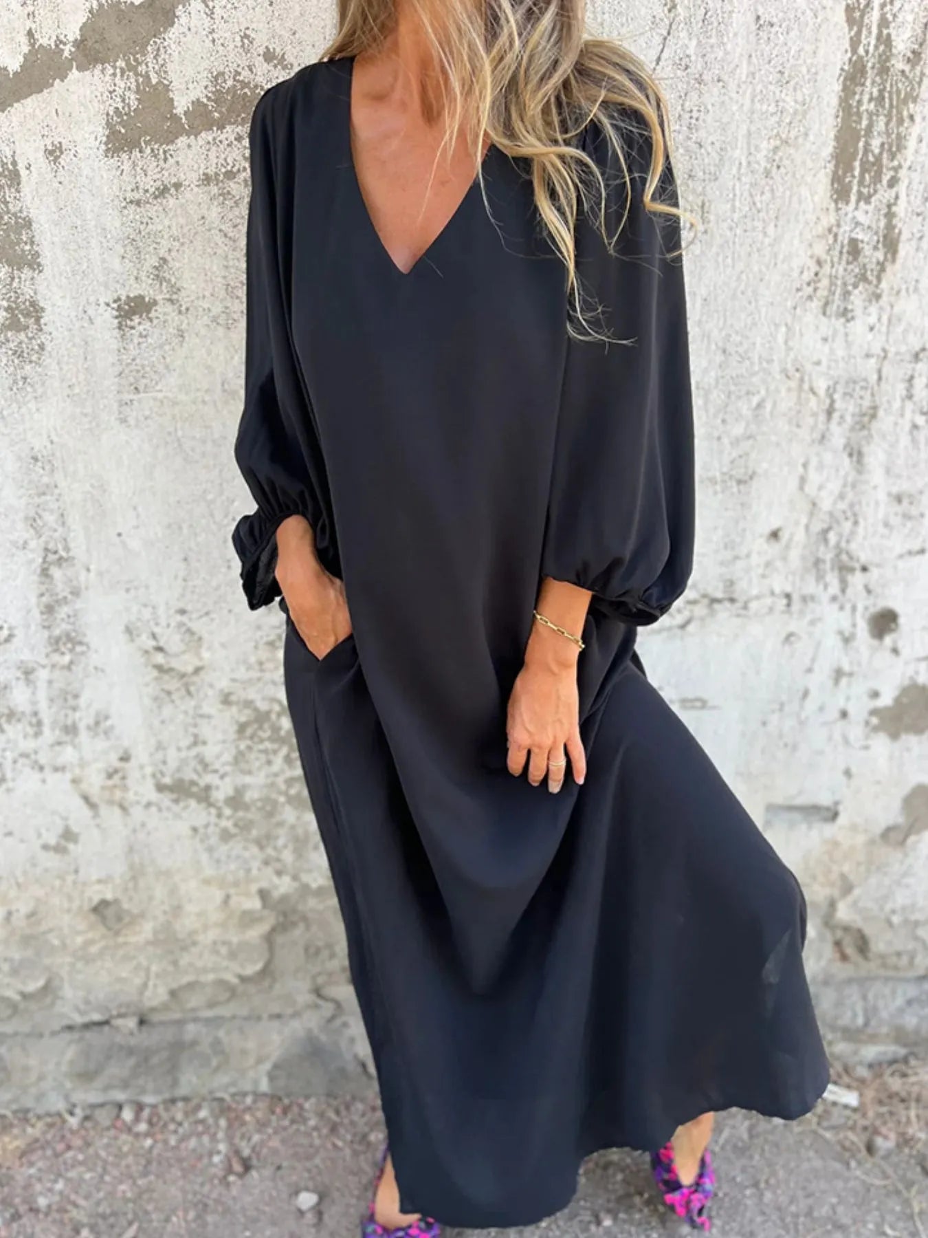 Full Size Slit V-Neck Balloon Sleeve Midi Dress Plus Size