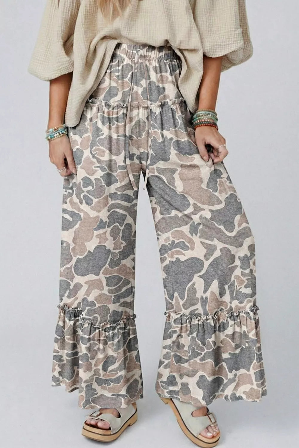 Camo Print Ruffle Hem Wide Leg Pants