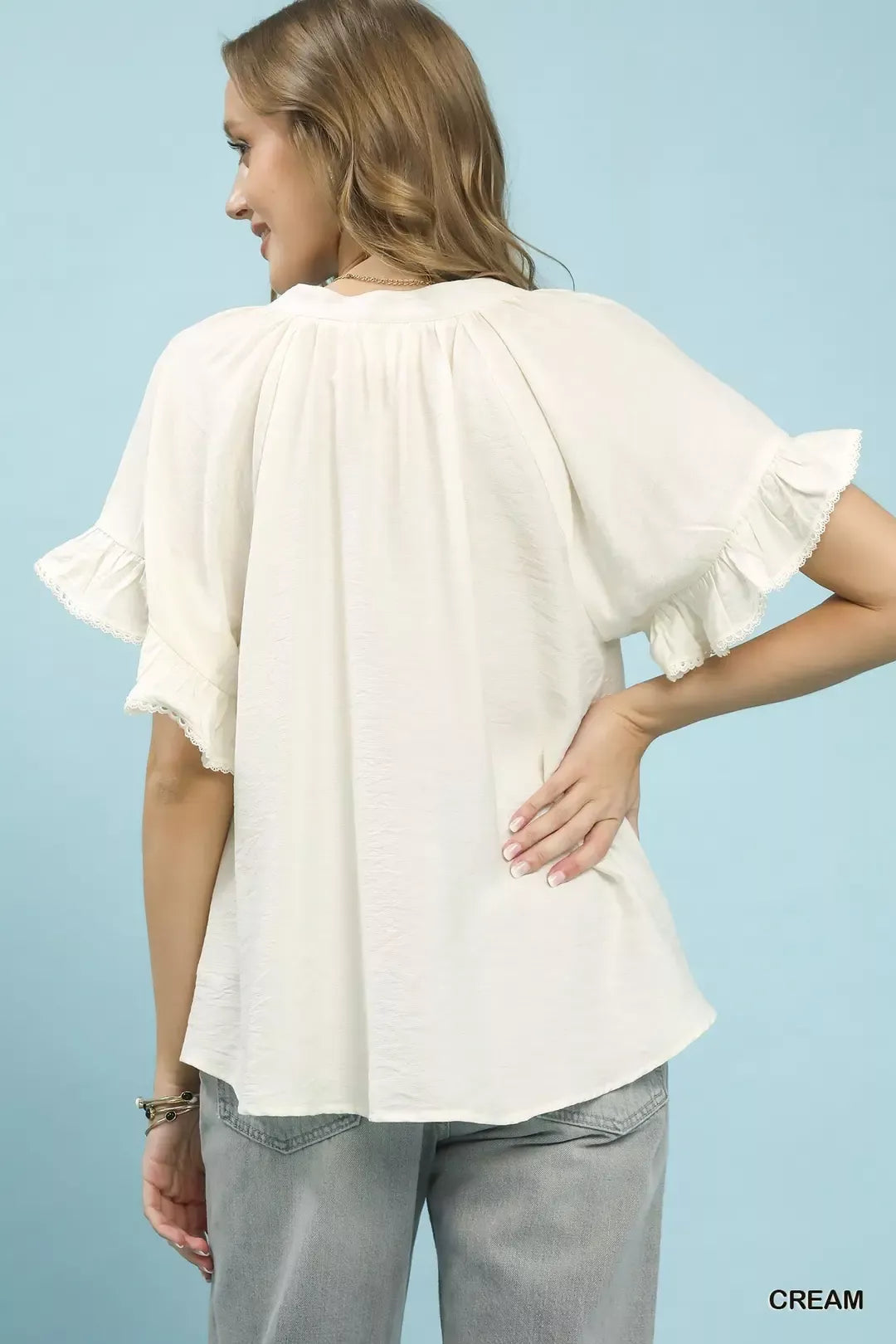 Umgee Ruffle Sleeve V-Neck Flutter Blouse