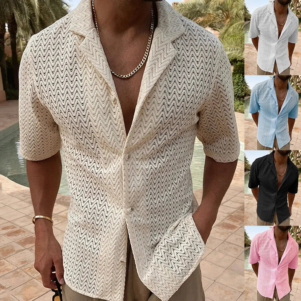 Men's Plus Size Herringbone Eyelet Button Down Knit Shirt