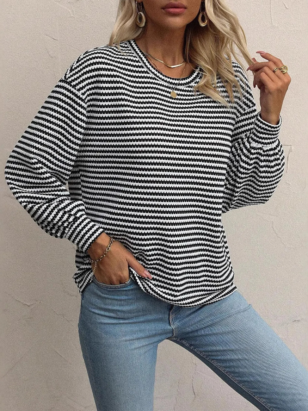 Striped Round Neck Lantern Sleeve Top