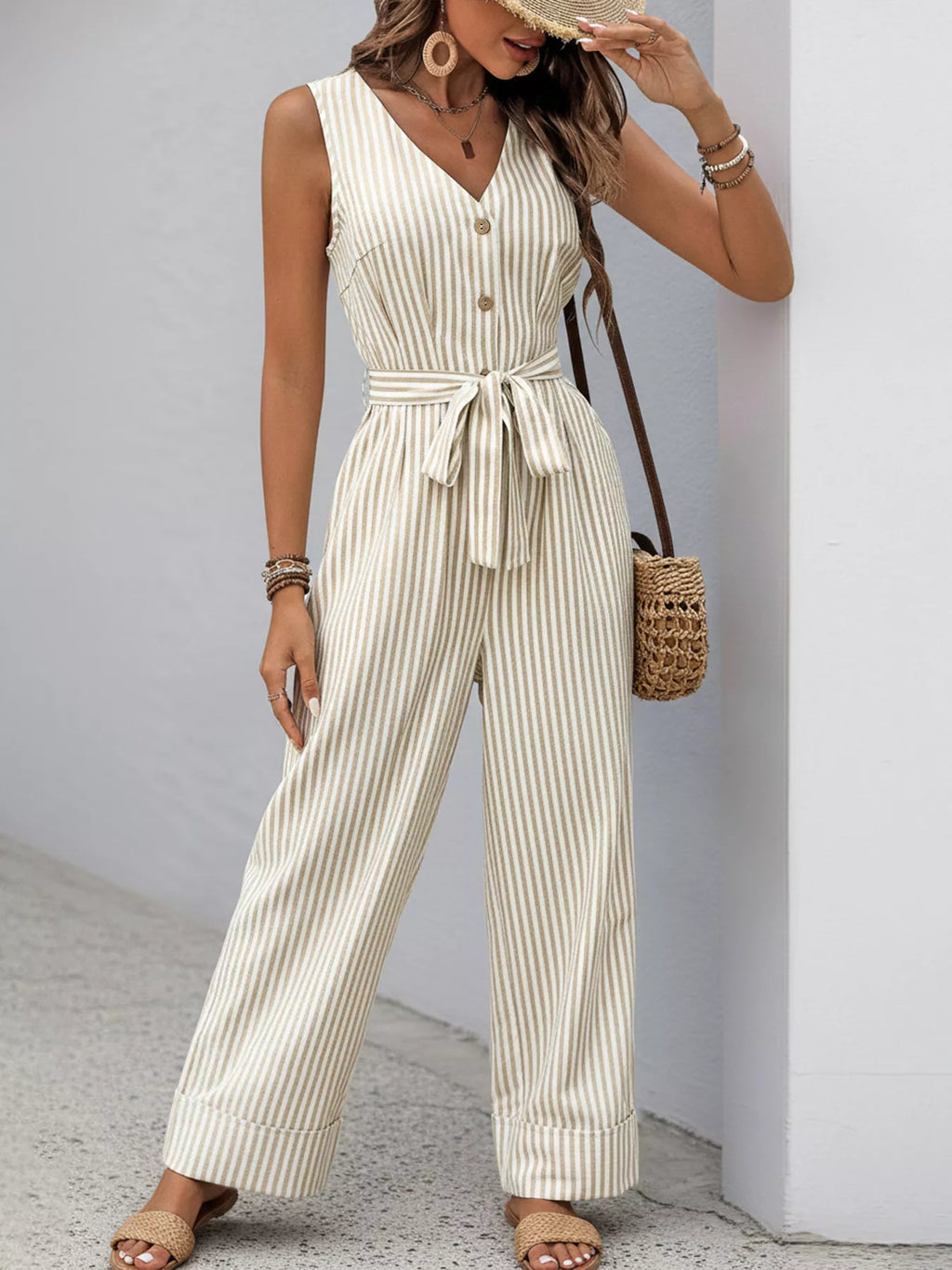Striped Button-Front Wide Leg Jumpsuit