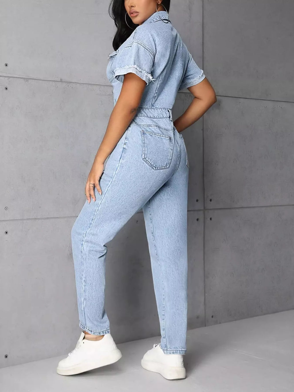 Button Front Short Sleeve Denim Jumpsuit