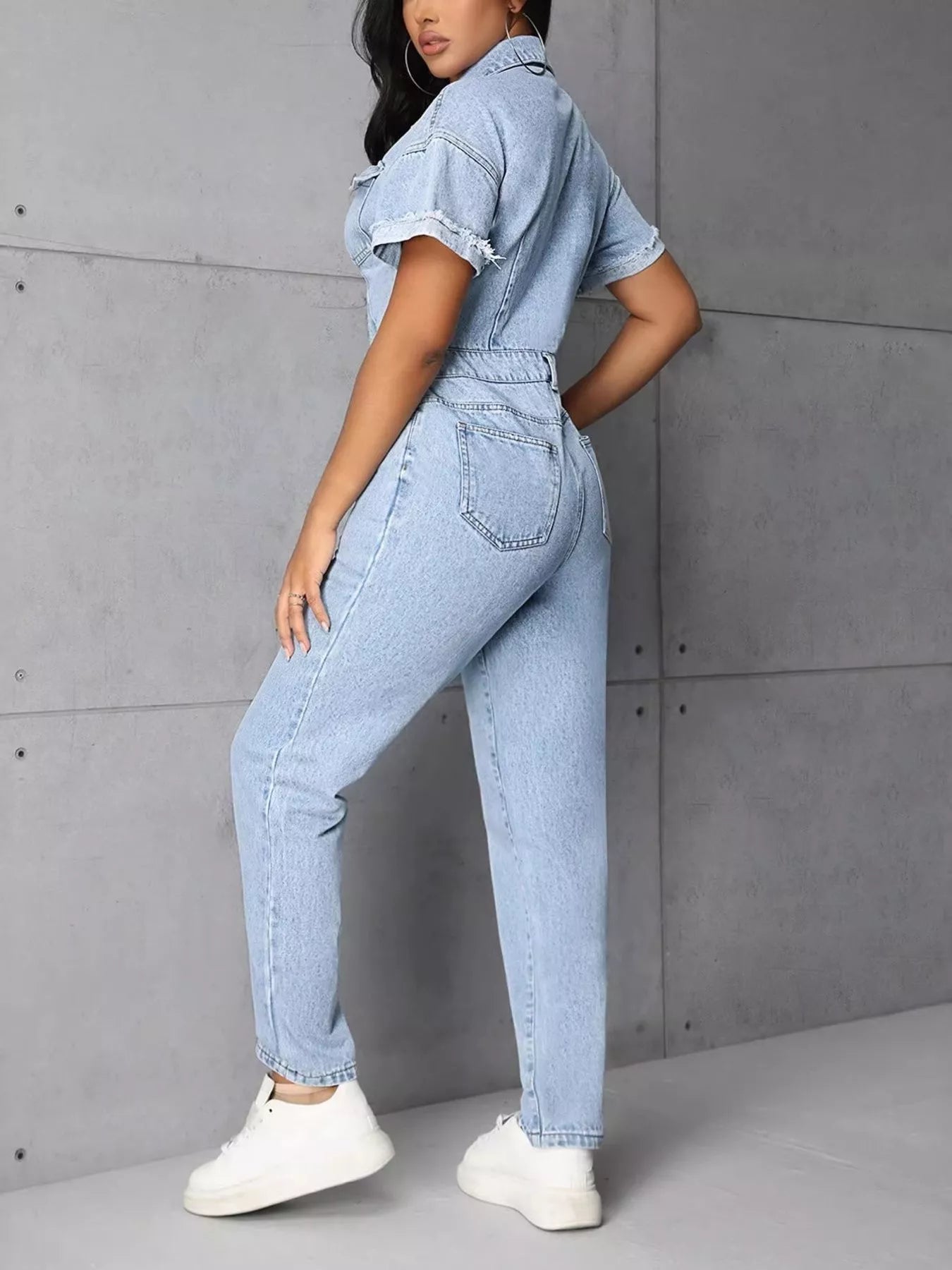 Button Front Short Sleeve Denim Jumpsuit