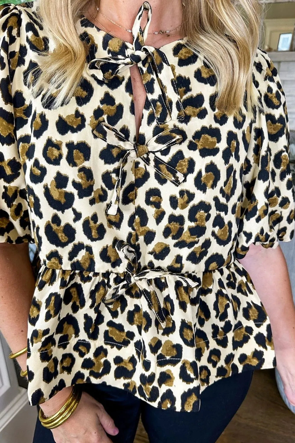 Leopard Bow Tie Front Puff Sleeve Peplum Blouse