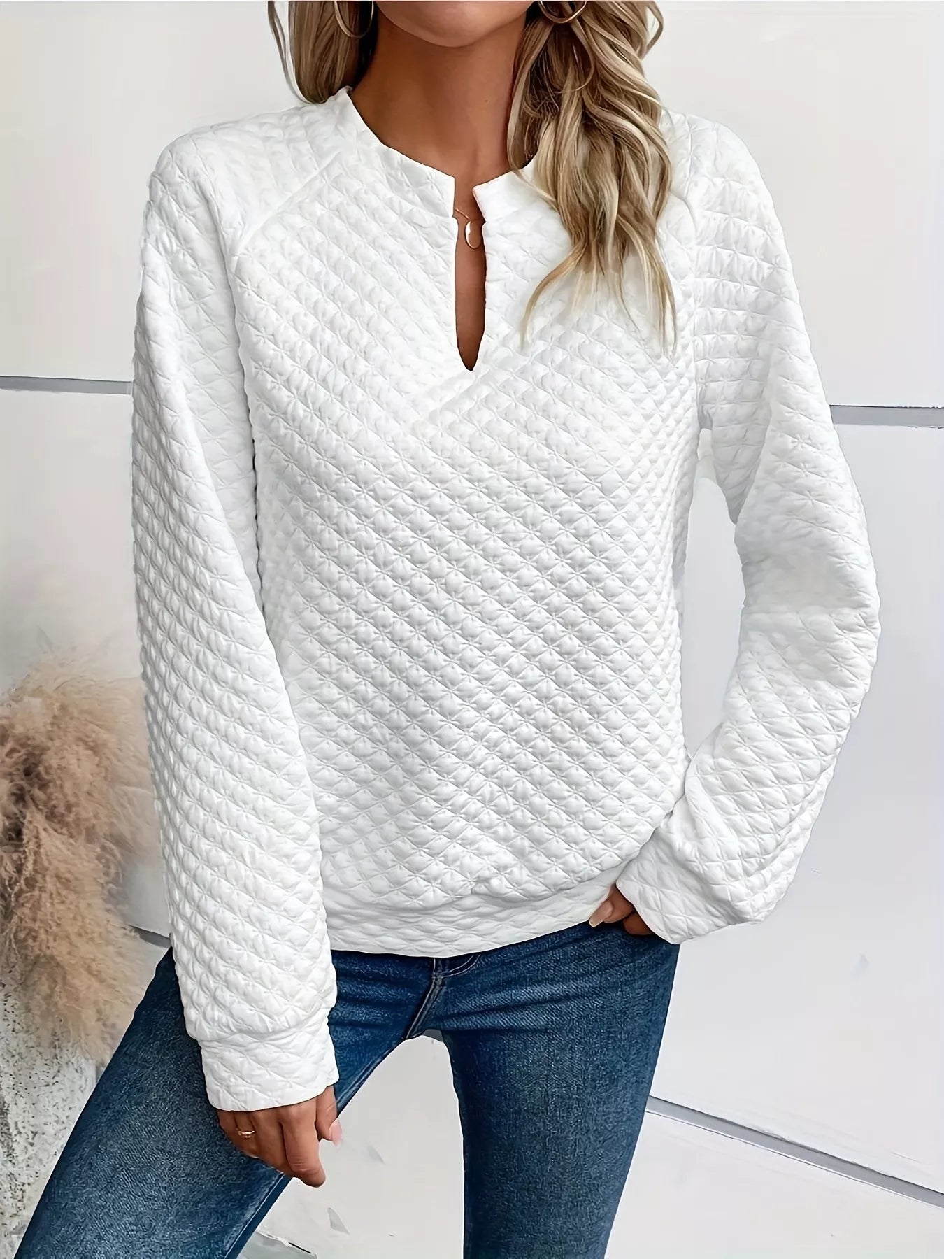 Textured Long Sleeve Notched Sweatshirt