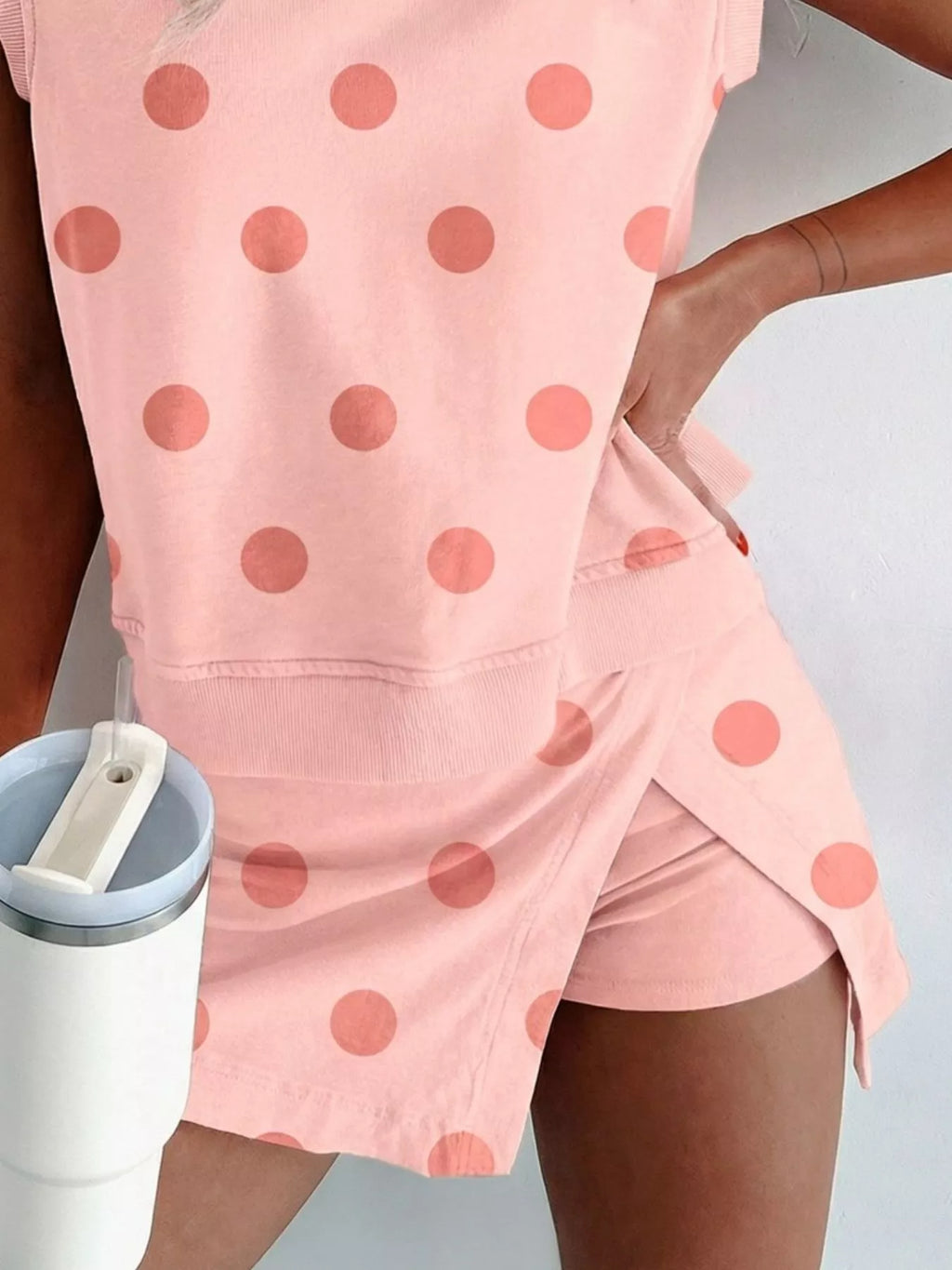 Polka Dot Sleeveless Top and Skort Casual Two-Piece Set