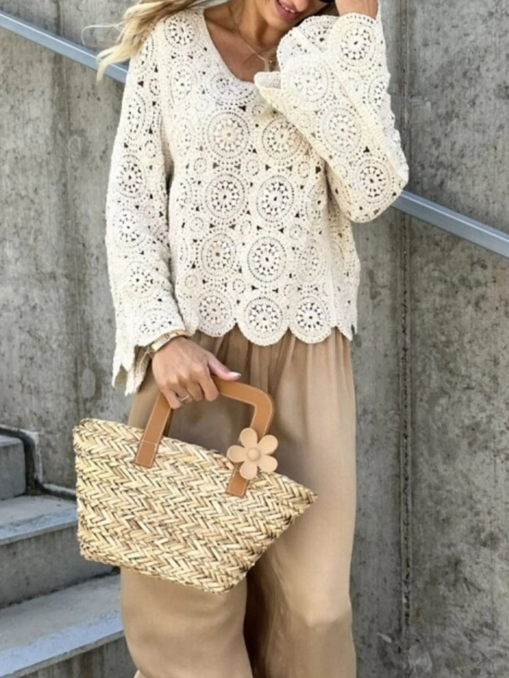 Crochet Lace V-Neck Bell Sleeve Knit Top