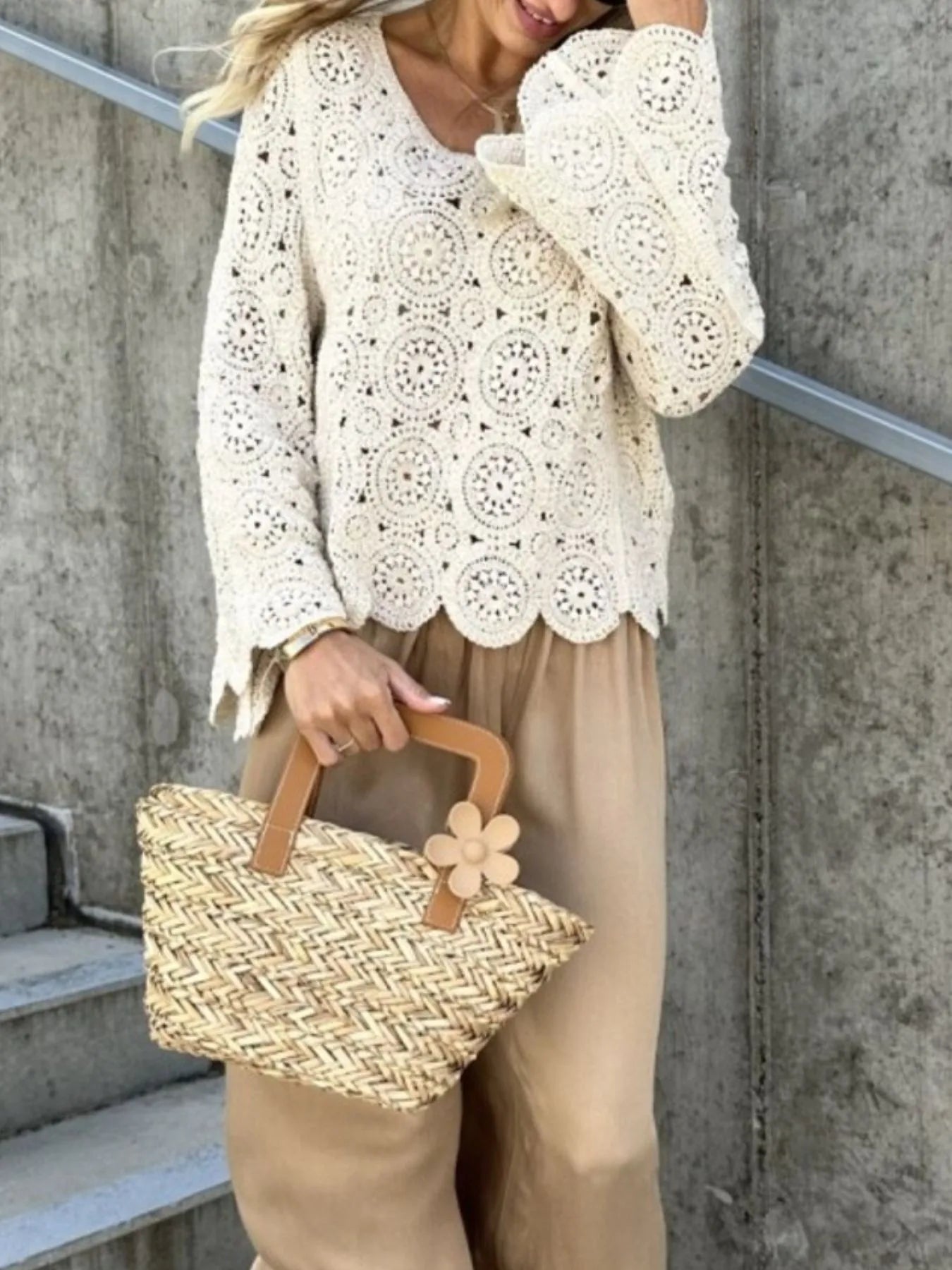 Crochet Lace V-Neck Bell Sleeve Knit Top